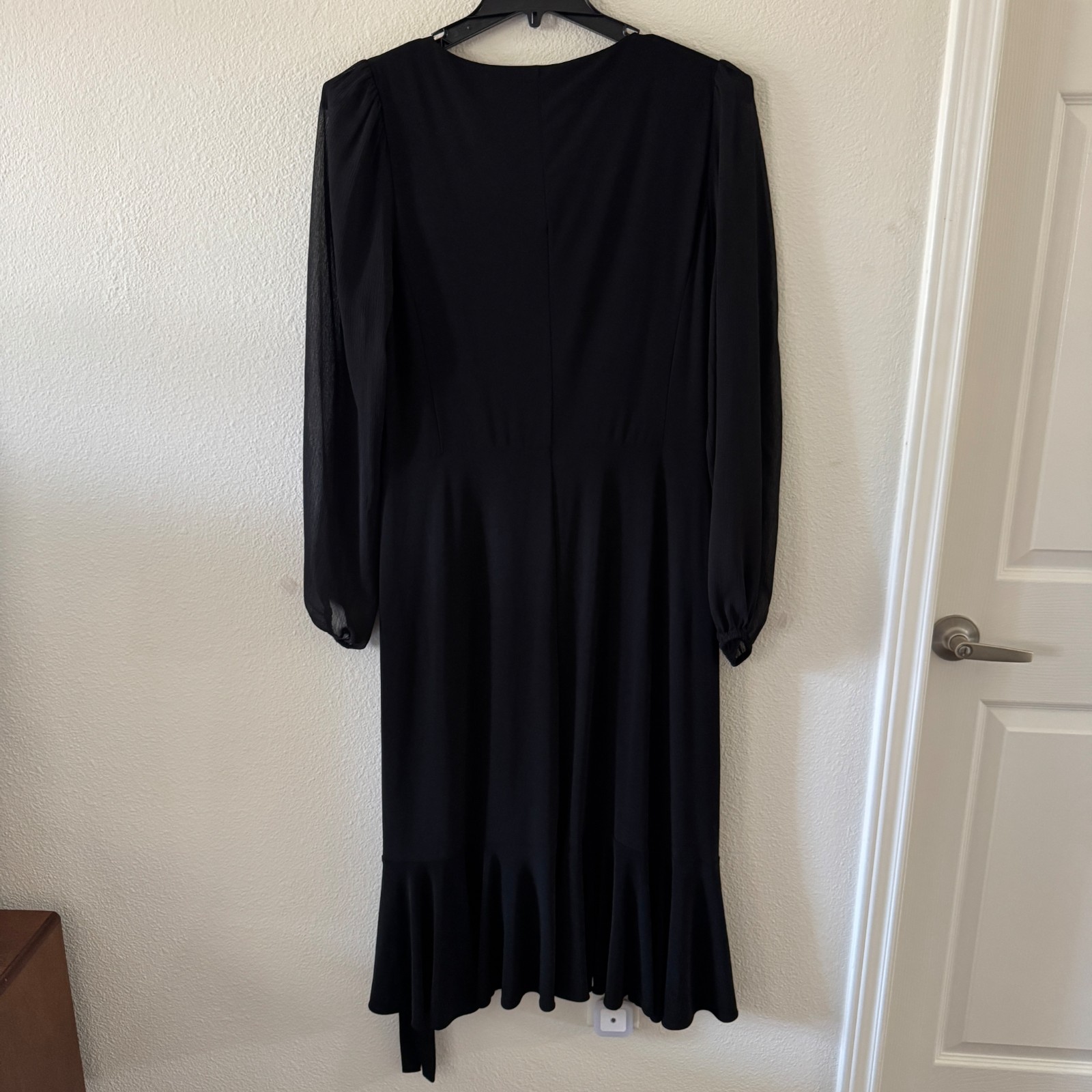 Black Chiffon Bishop Sleeve Asymmetrical Tie Midi Dress Sz 14 Goth Dark Coquette
