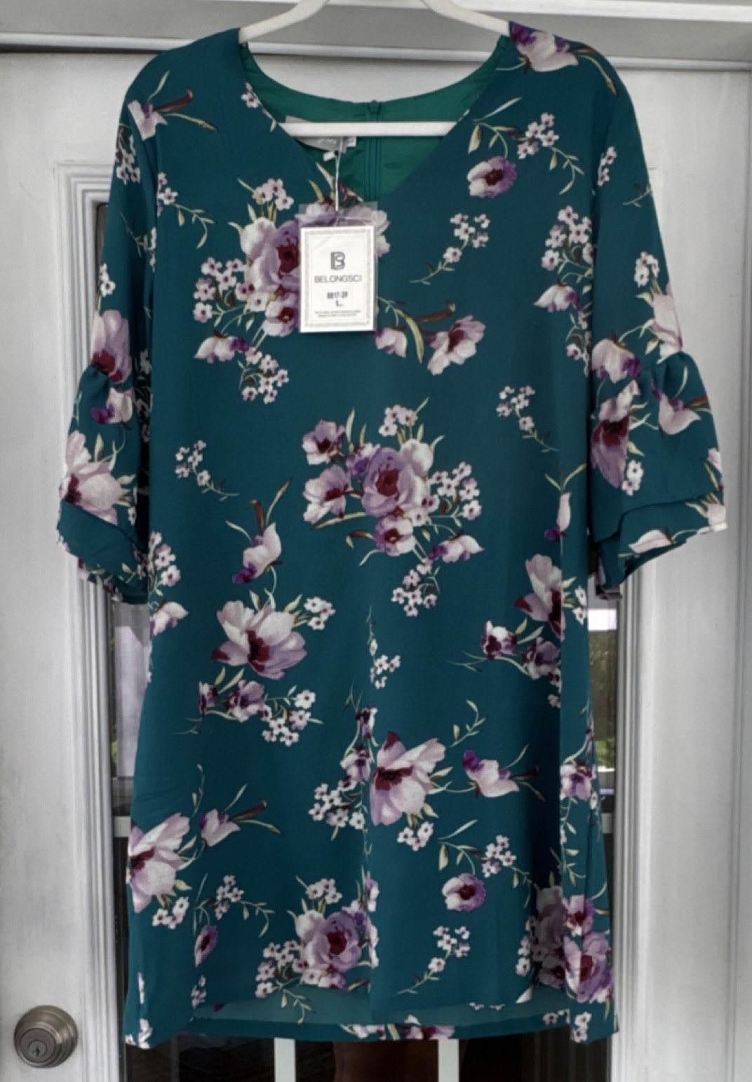 Belongsci Teal Purple Floral Chiffon Shift Dress Knee Length V-Neck Ruffle Zip L
