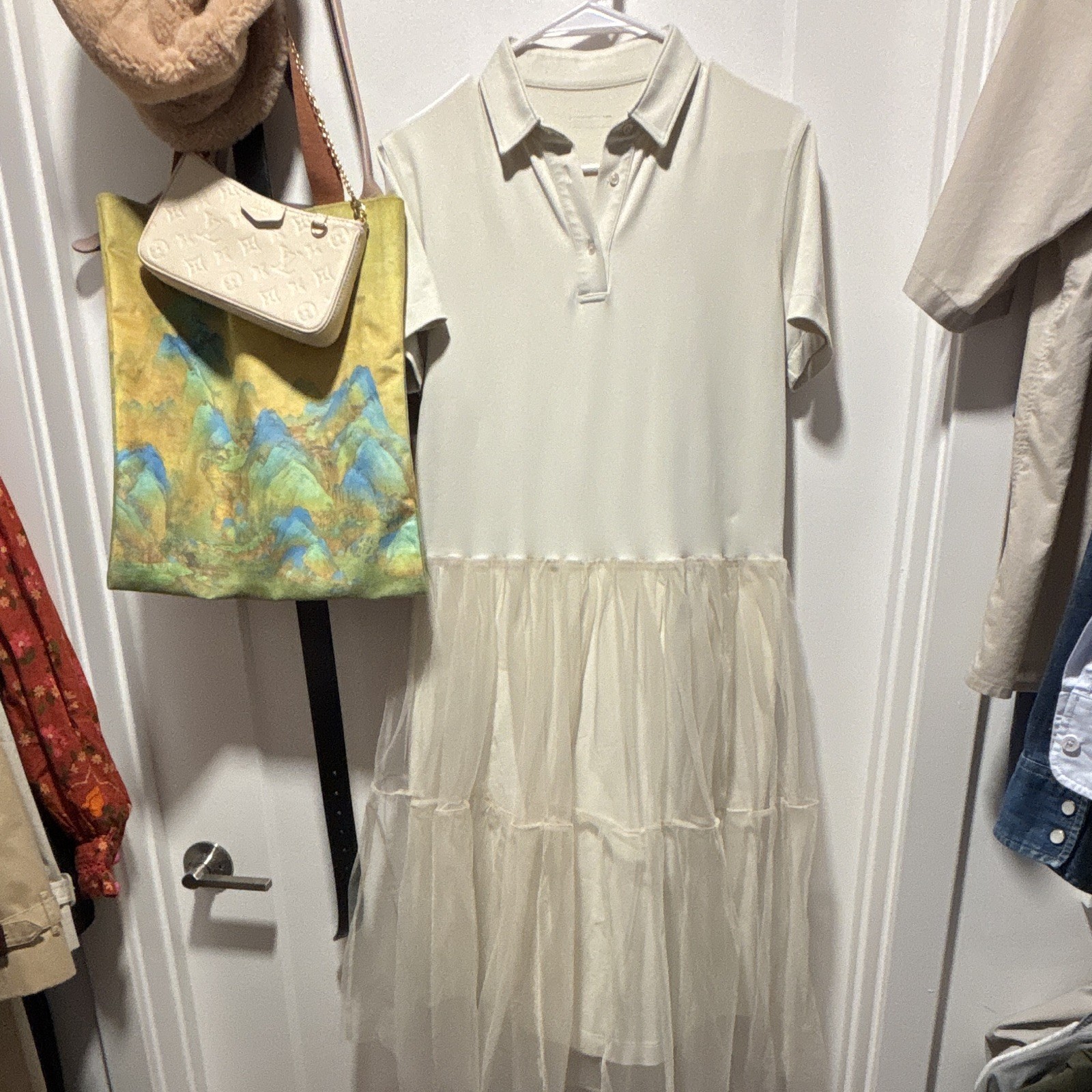 Ivory Solid Shirt Dress • Collared Short Sleeve Tiered Ruffle Midi • Size S