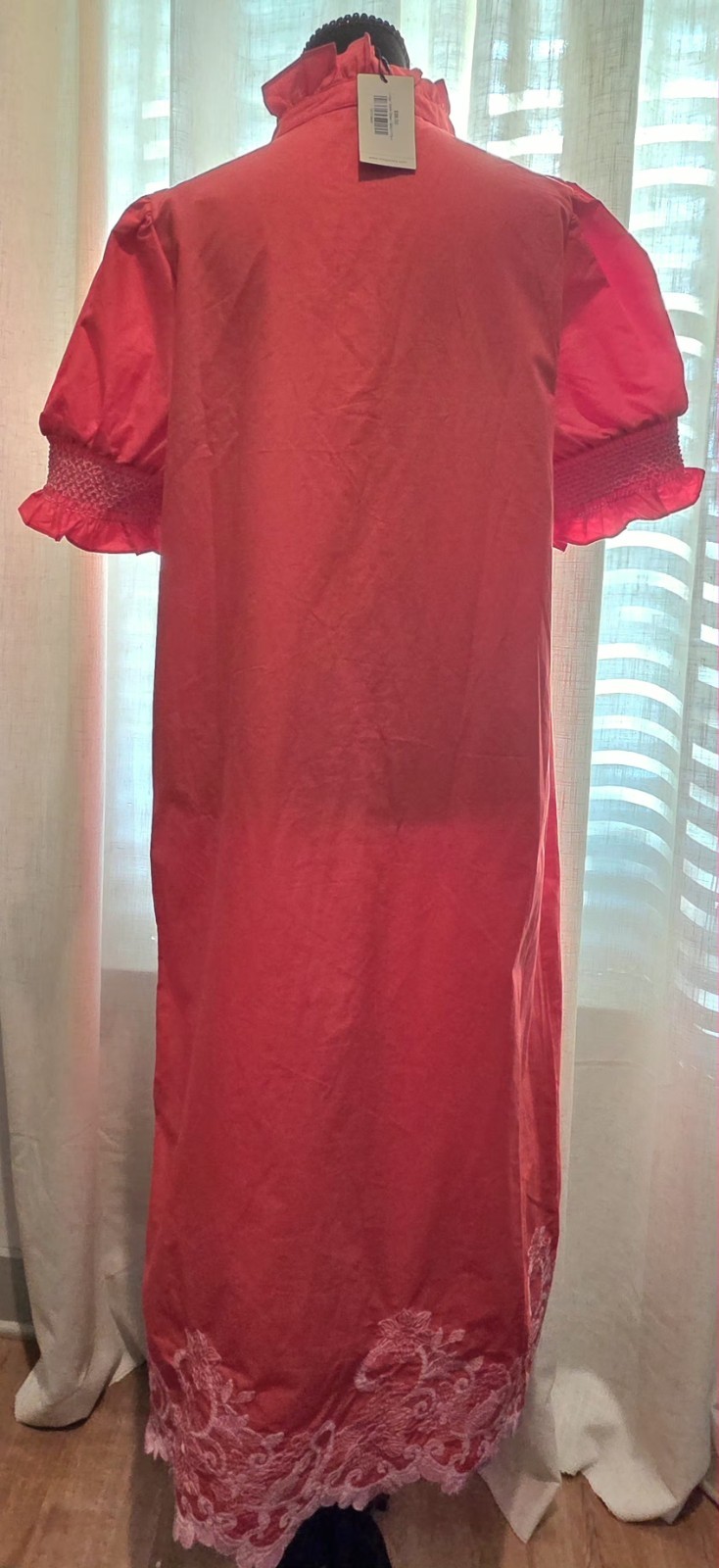AVARA Stella Dress Womens Large NWT Red Ruffle Collar Smocked Cuff Lace Hem $98