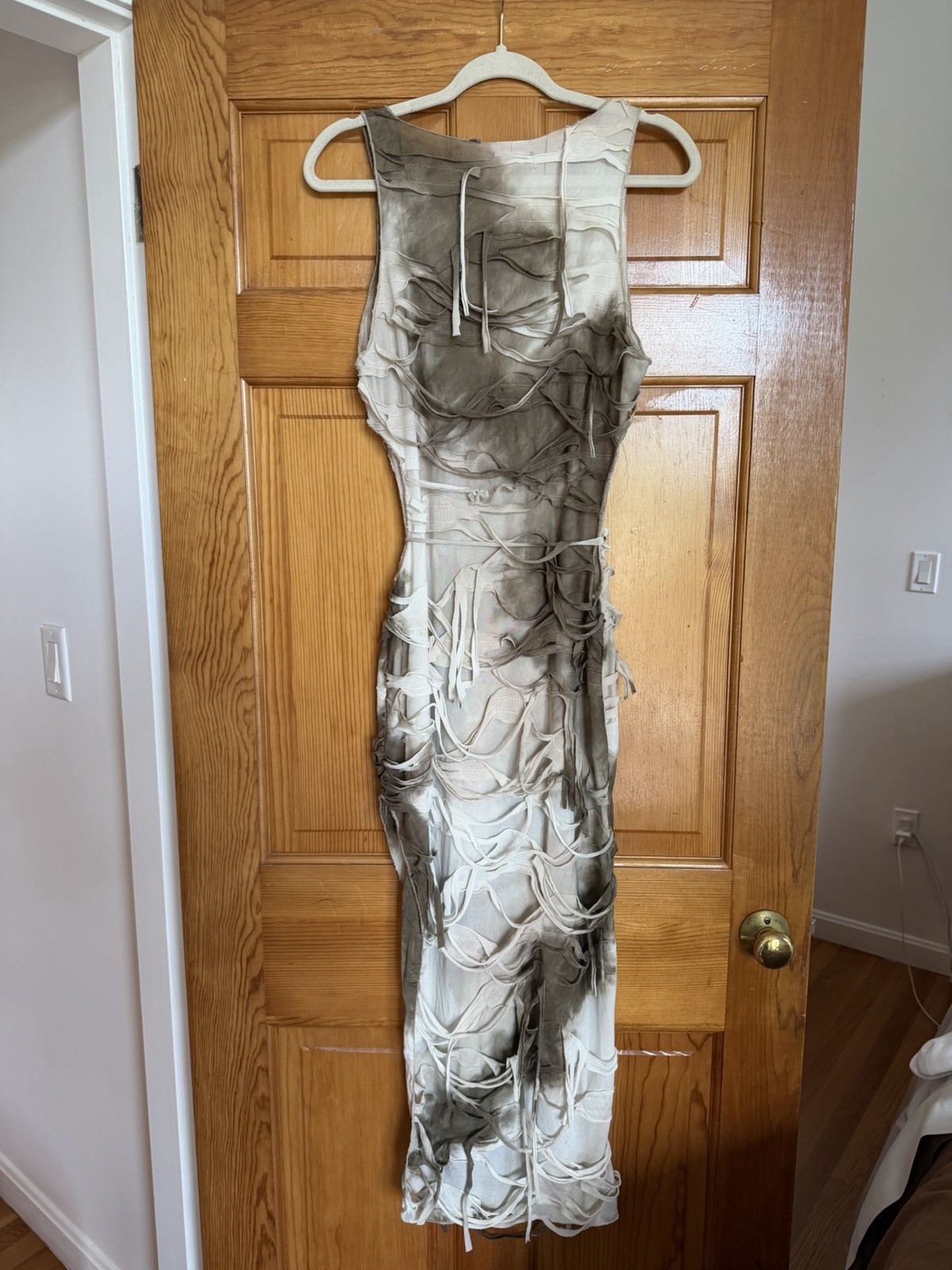 MICAS Brown/Beige Tie Dye Mesh Fringe Bodycon Maxi Dress Round Neck XL