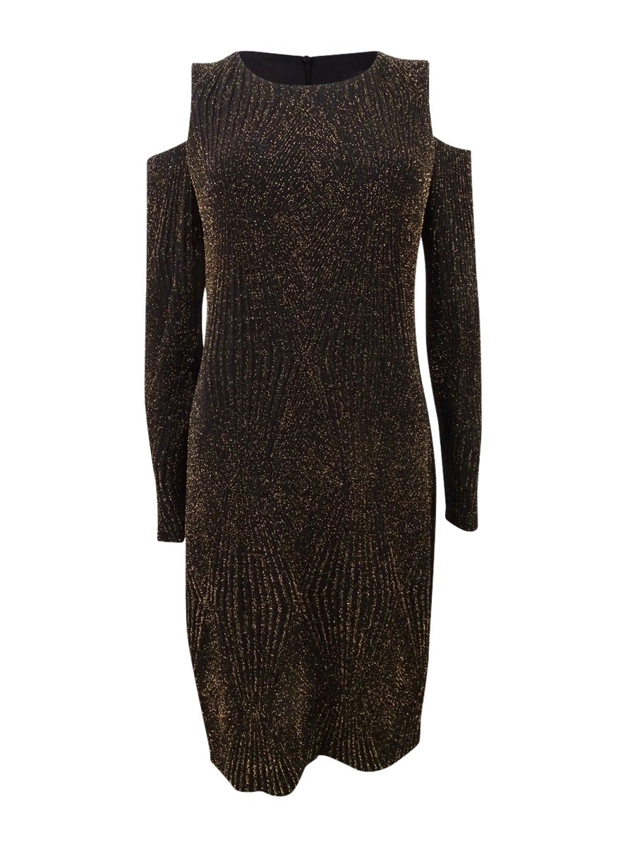 Connected Women’s Cold-Shoulder Glitter Jacquard Dress (6, Black/Gold)