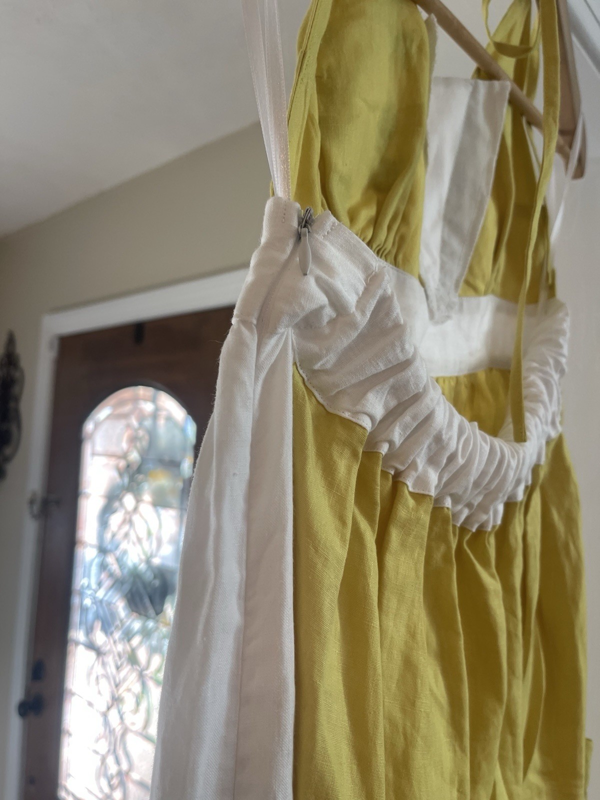 Fanm Mon Small Linen Yamile Floral Embroidered Halter Midi Dress Mustard Lime