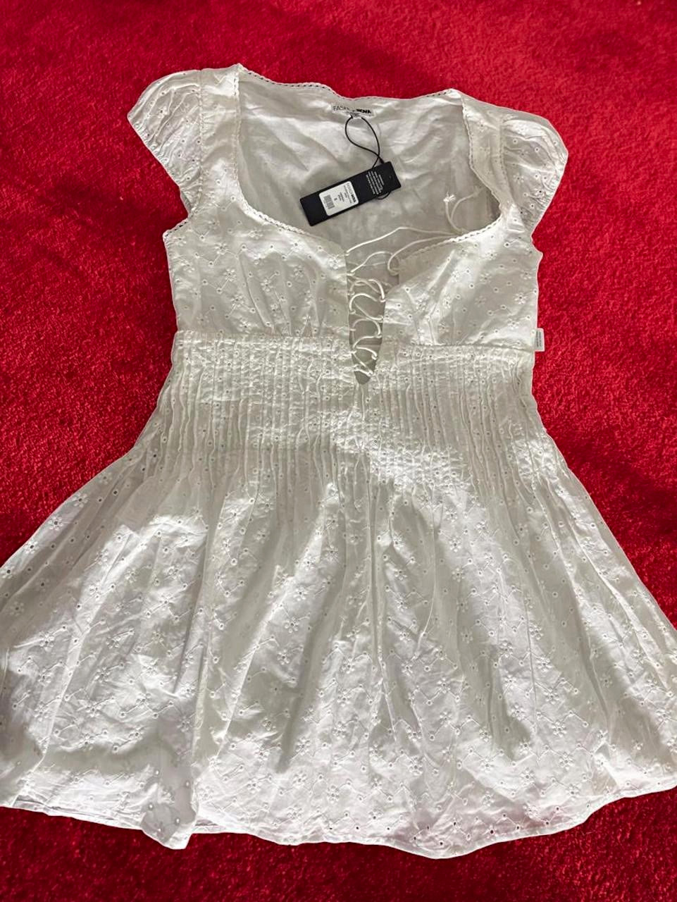 Fashion Nova White Eyelet Smocked Lace-Up Square Neck Mini Dress Size S