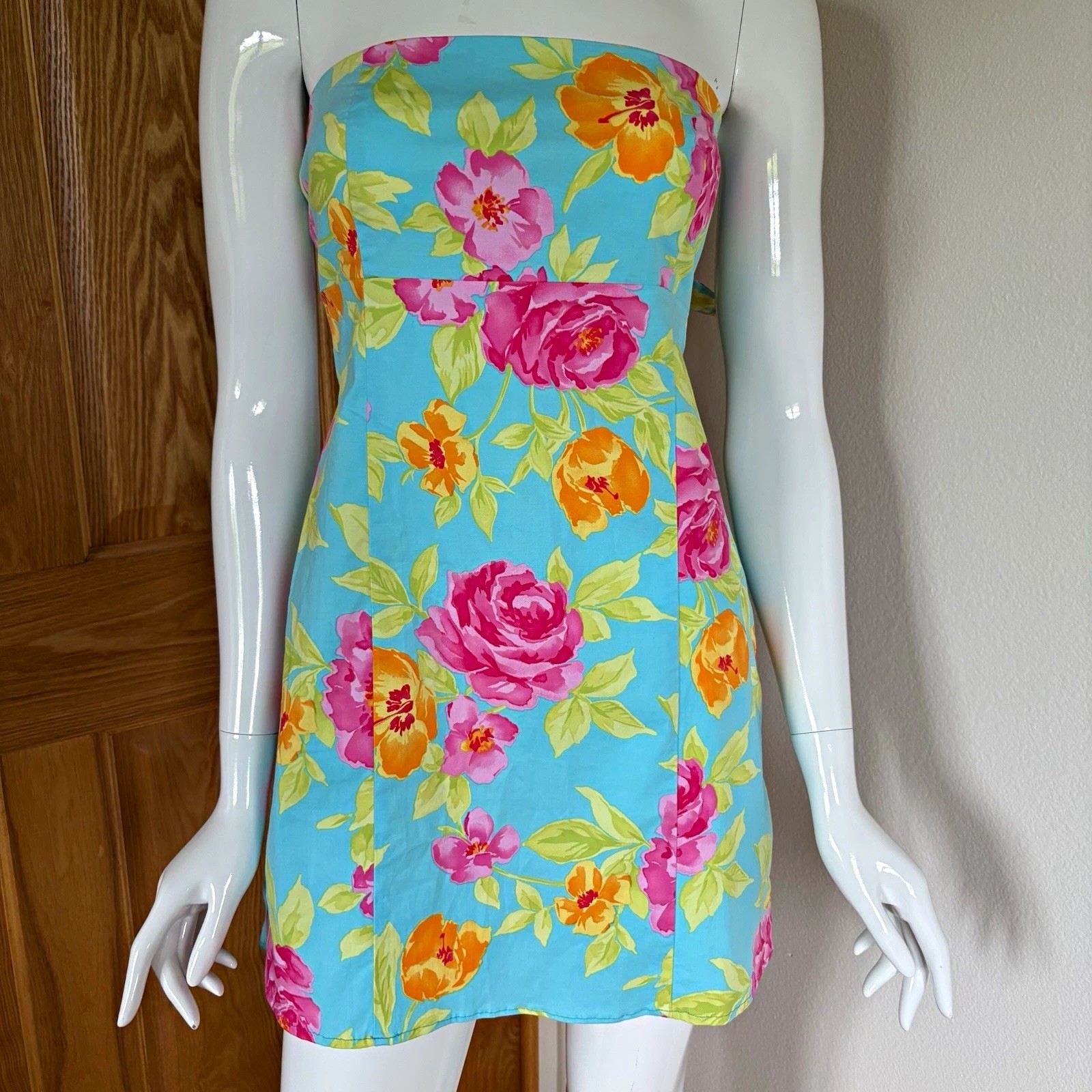 Sfuzi Women’s 7 Blue Pink Orange Green Floral Strapless Mini Dress Stretch Zip