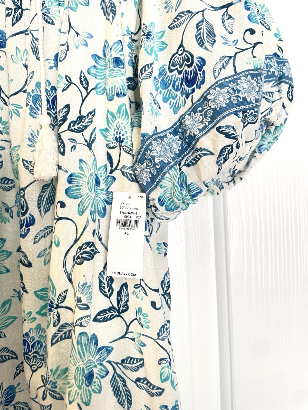 Old Navy White/Blue Floral Puff-Sleeve Ruffle Hem Boho Mini Swing Dress Size XL
