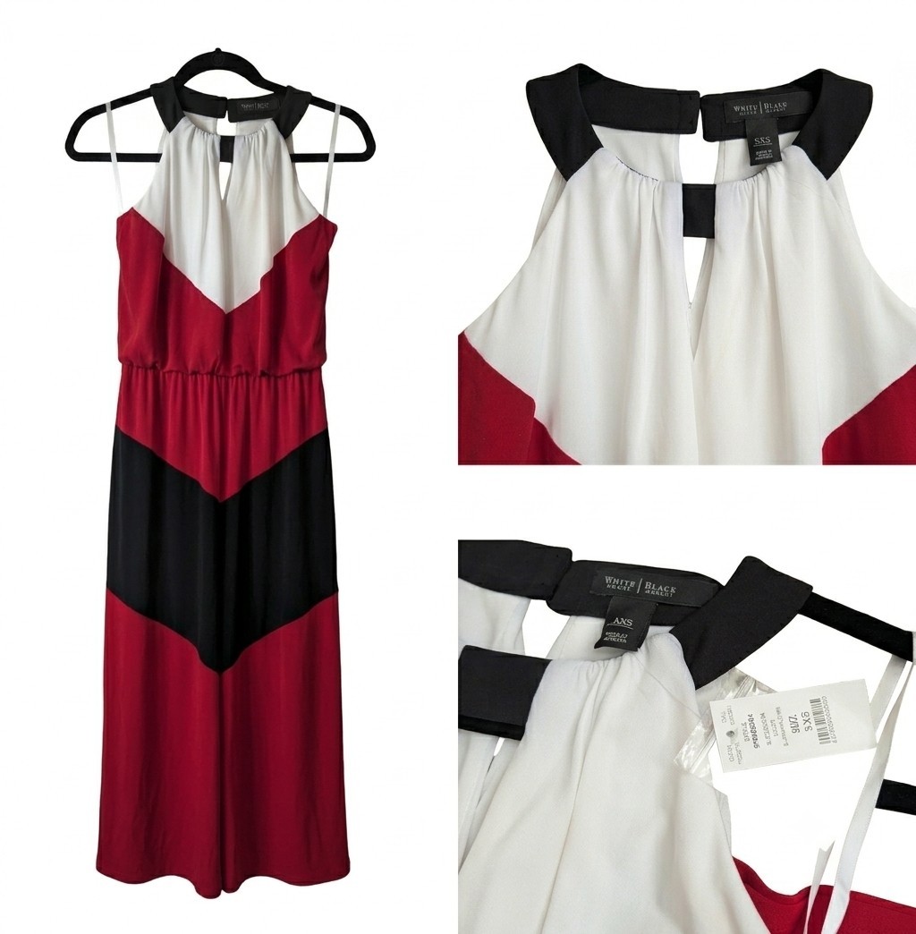 White House Black Market XXS Red/White/Black Colorblock Halter Sleeveless Maxi
