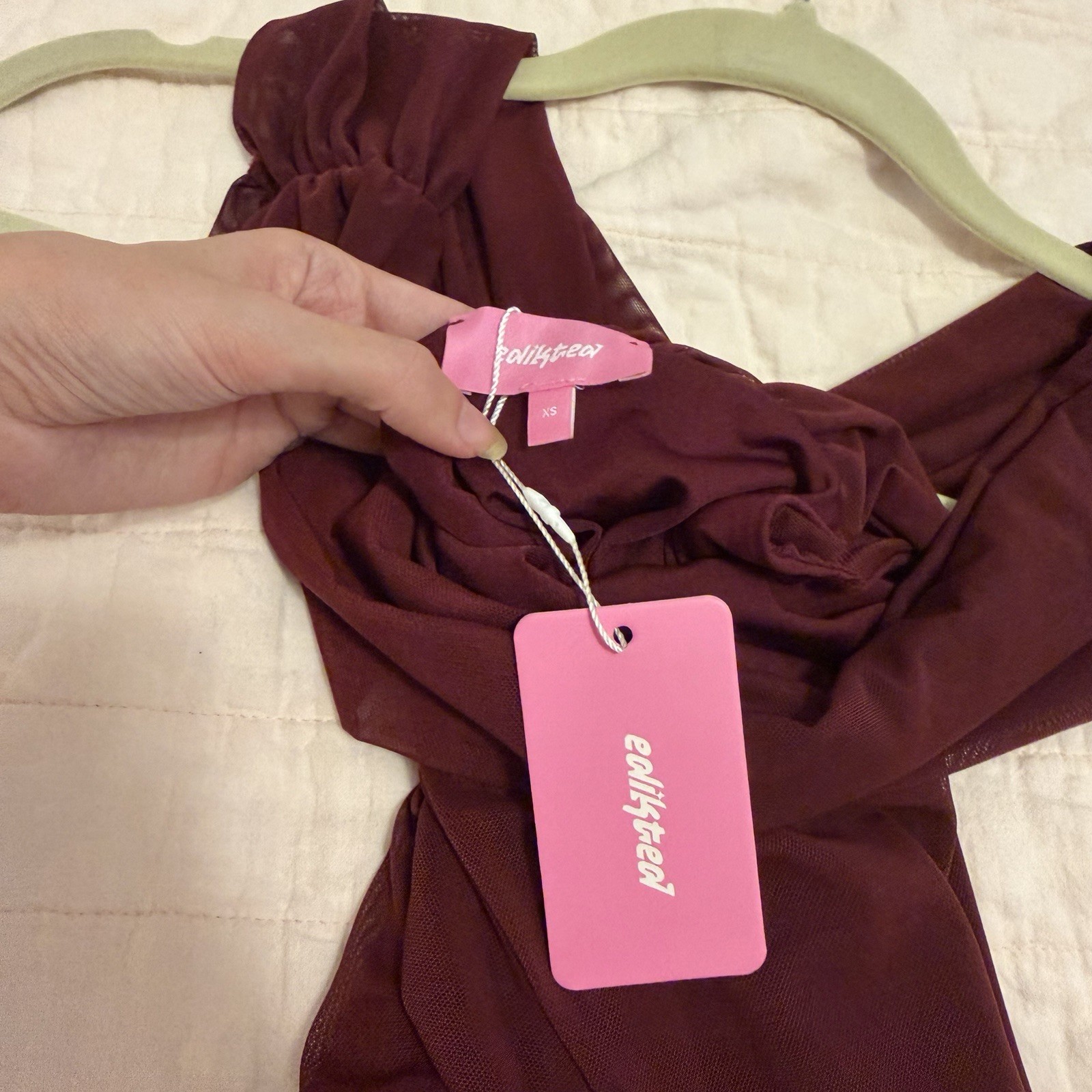 NWT Edikted Gesibelle Off Shoulder Mesh Mini Dress Burgundy XS