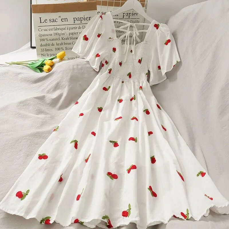 New 2021 Style Summer Pineapple Strawberry Embroidery Dress
