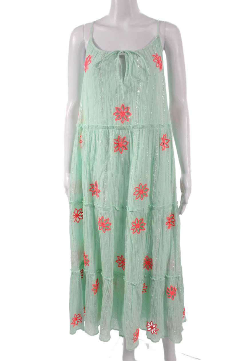 Sundress Women Green Floral Cotton Midi Sleeveless Scoop Neck Size One Size