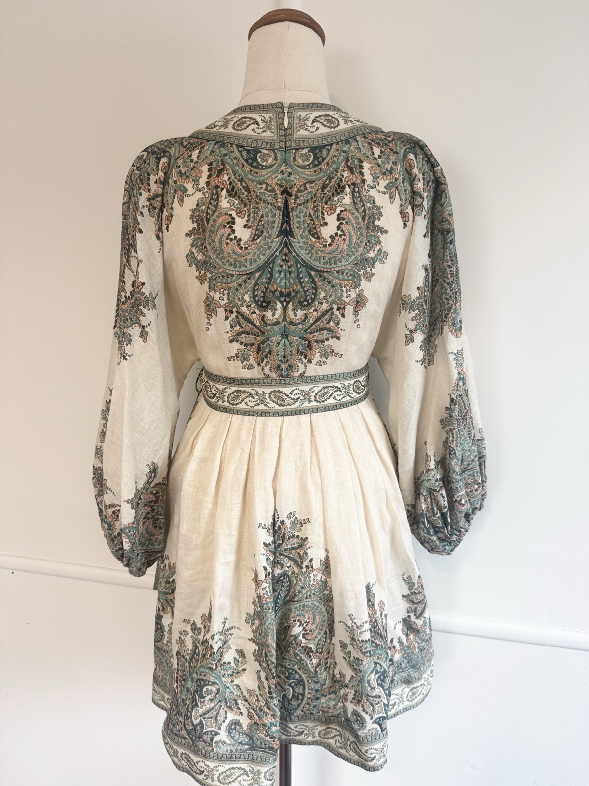 Zimmermann Brighton Linen Paisley Mini Dress Size 0P AU 6 US 2 Belted Turquoise