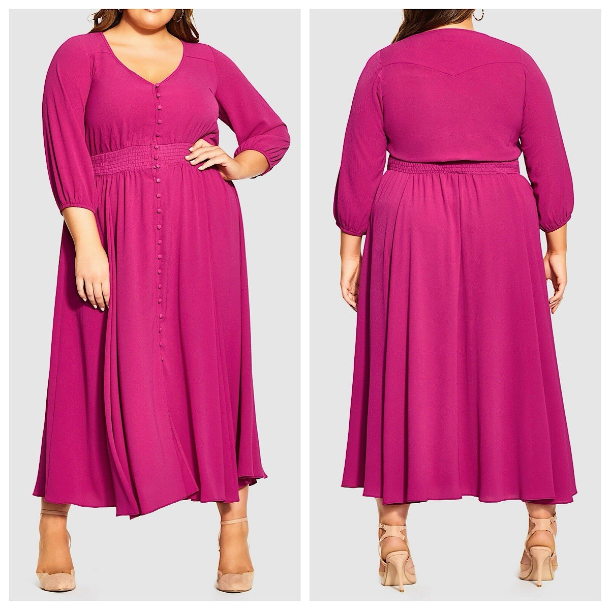 City Chic Zadie Shirred Waist Button Front Maxi Dress Sz XS/14 Pink 3/4 Sleeve