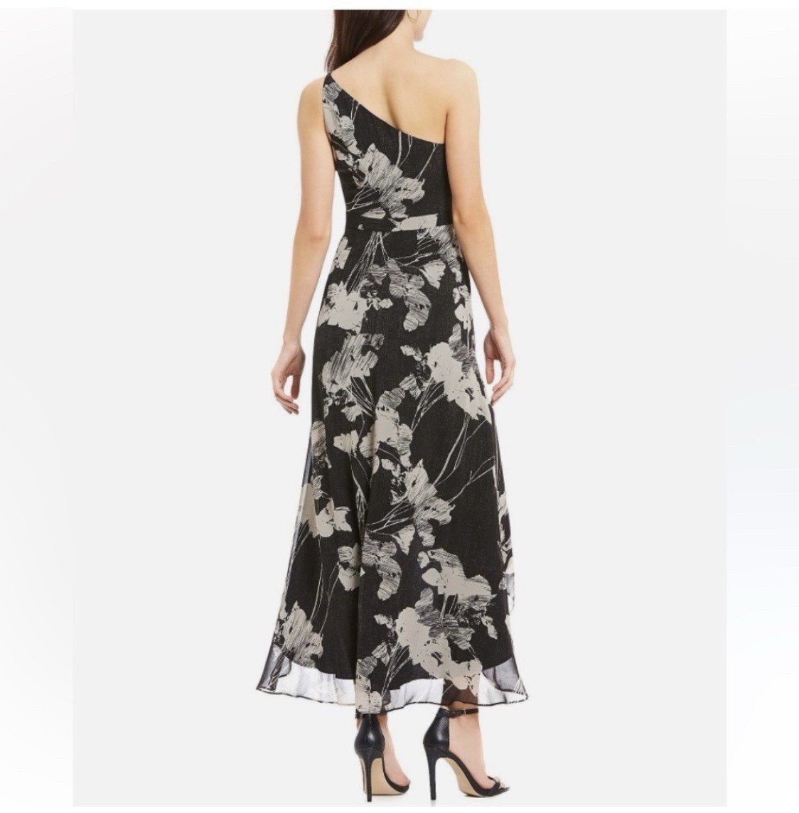 NWT H by Halston One Shoulder High Low Dress 12 Black White Floral Cocktail Gown