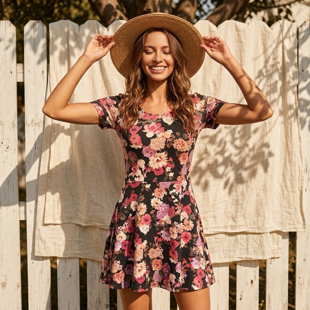 Forever 21 Floral Skater Dress Black Pink Purple Open Back Short Sleeve Medium
