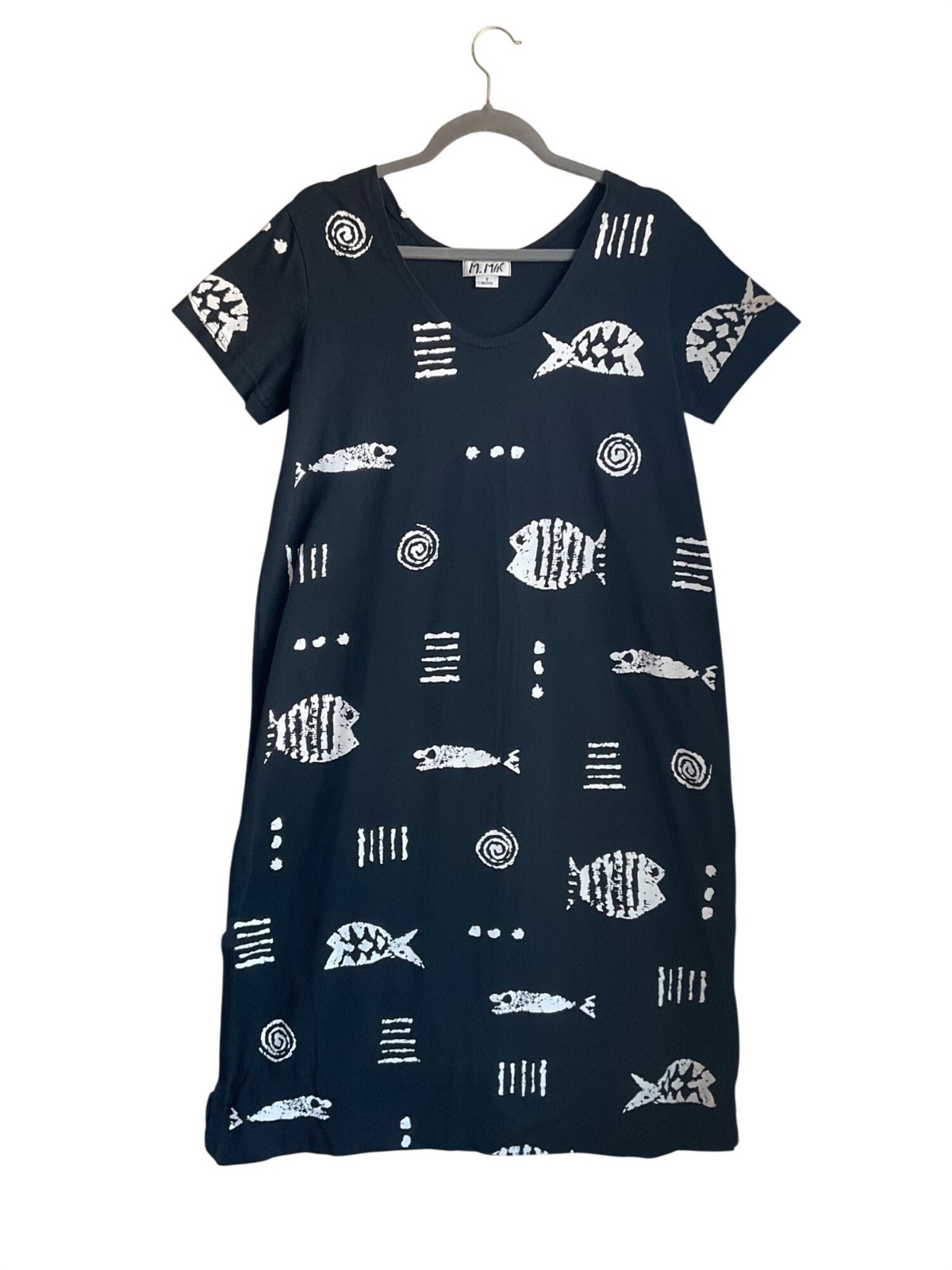 VTG M.Mac 90’s Small P Black Fish all Over Print Cotton Maxi Dress T-Shirt Dress