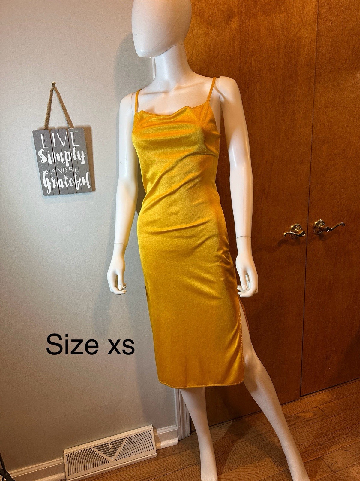 Yellow Satin Slip Dress Cowl Neck Strappy Sleeve Side Slit Midi Size XS