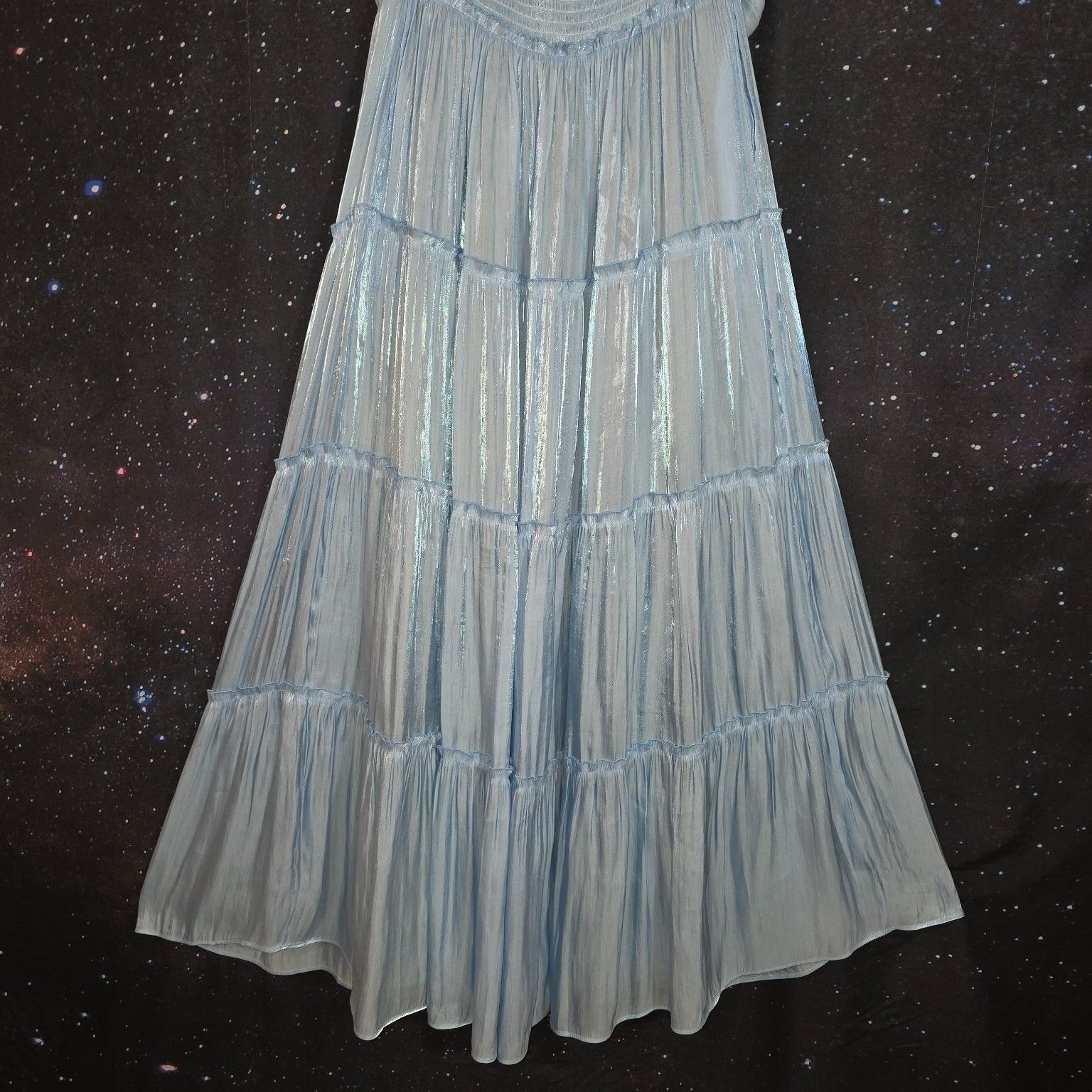 AQUA Dress Sz XL Ice Blue Metallic Ruched Tiered Cami Midi NWT
