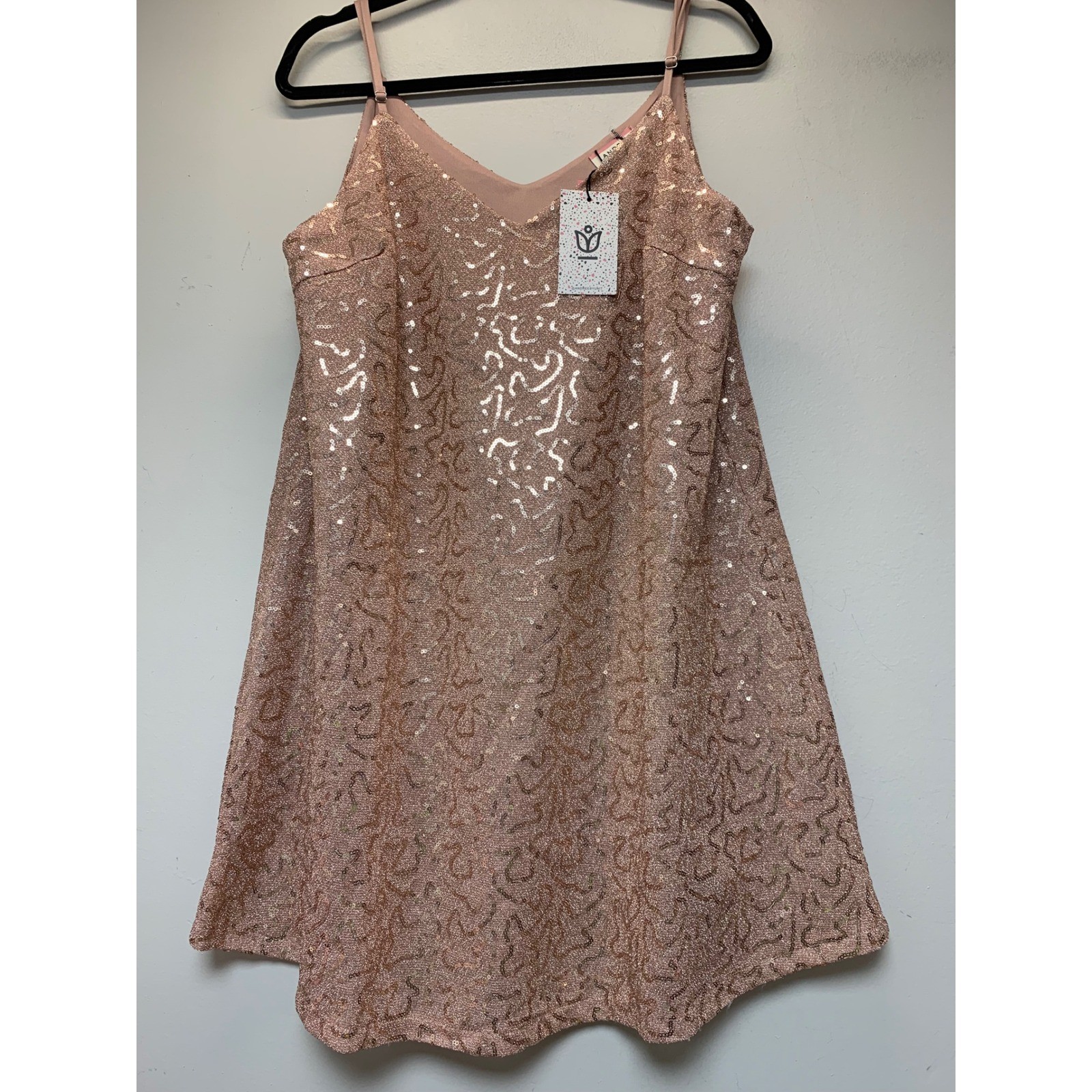 Andree by Unit Sequin Dress Womens Large Rose Gold New Mini V-Neck Sparkly