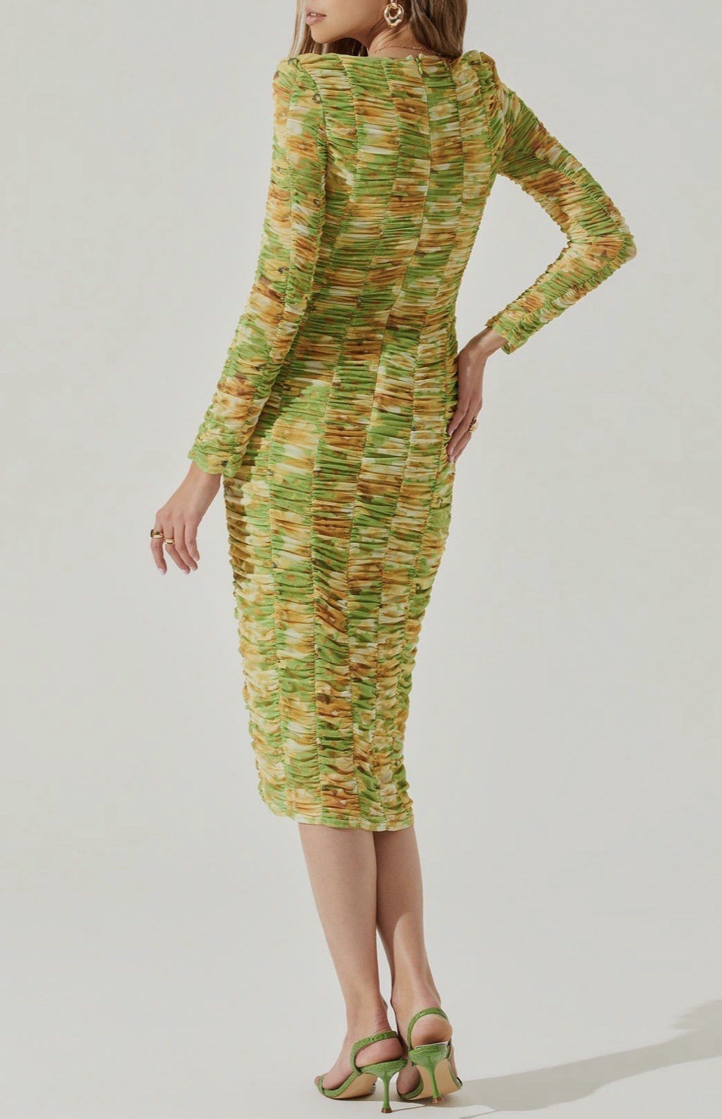 ASTR the Label Lime Yellow Floral Ruched Mesh Midi Dress Size Medium Worn Once