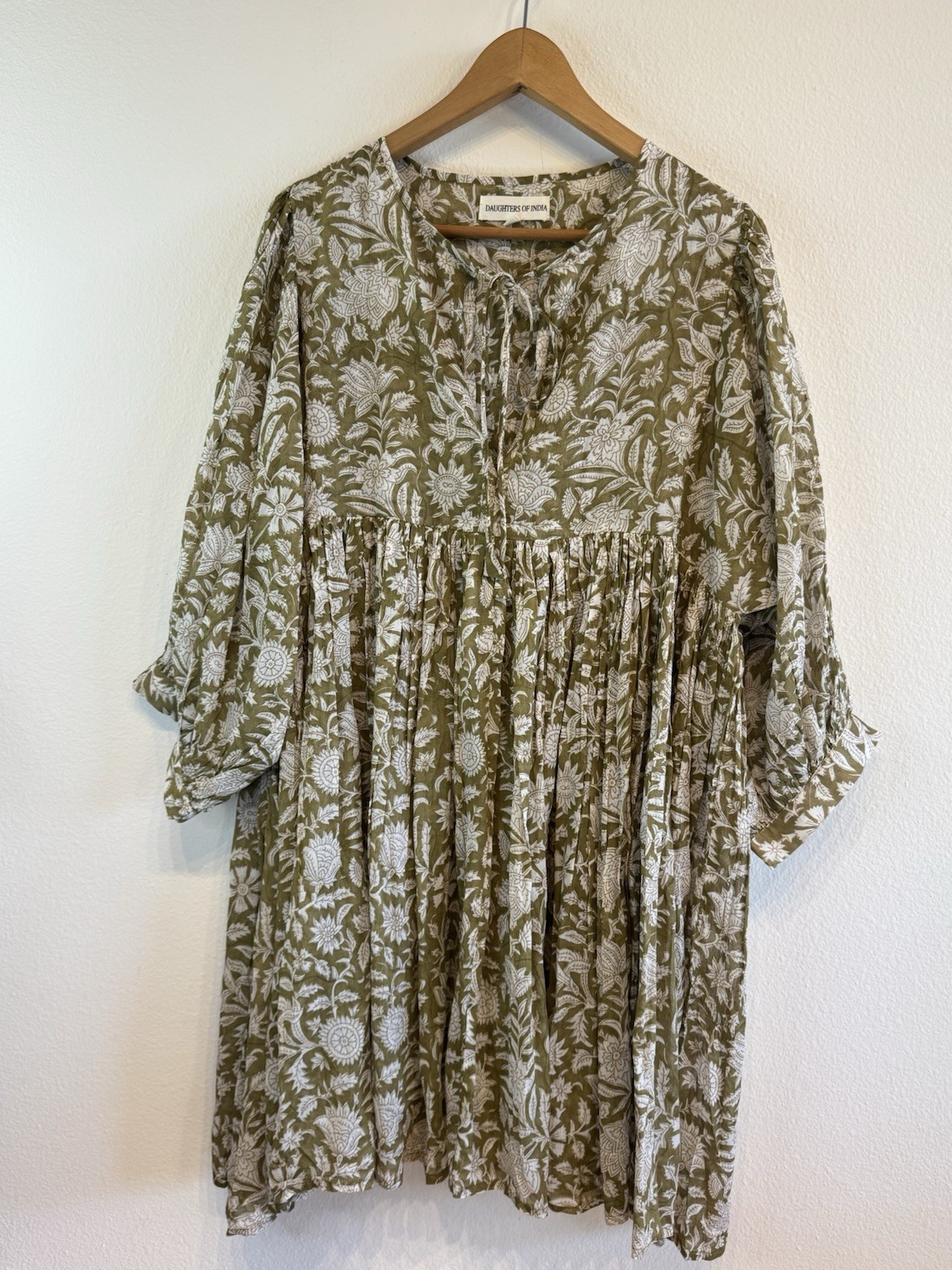 Daughters of India Kyra Mini Dress Olive Boho Lightweight 100% Cotton Size XL