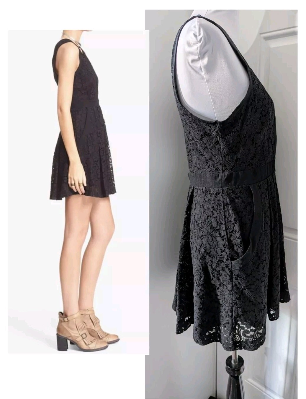 Free People Dress Size M Lovely In Love Black Lace Back Cutout Pockets Side Zip