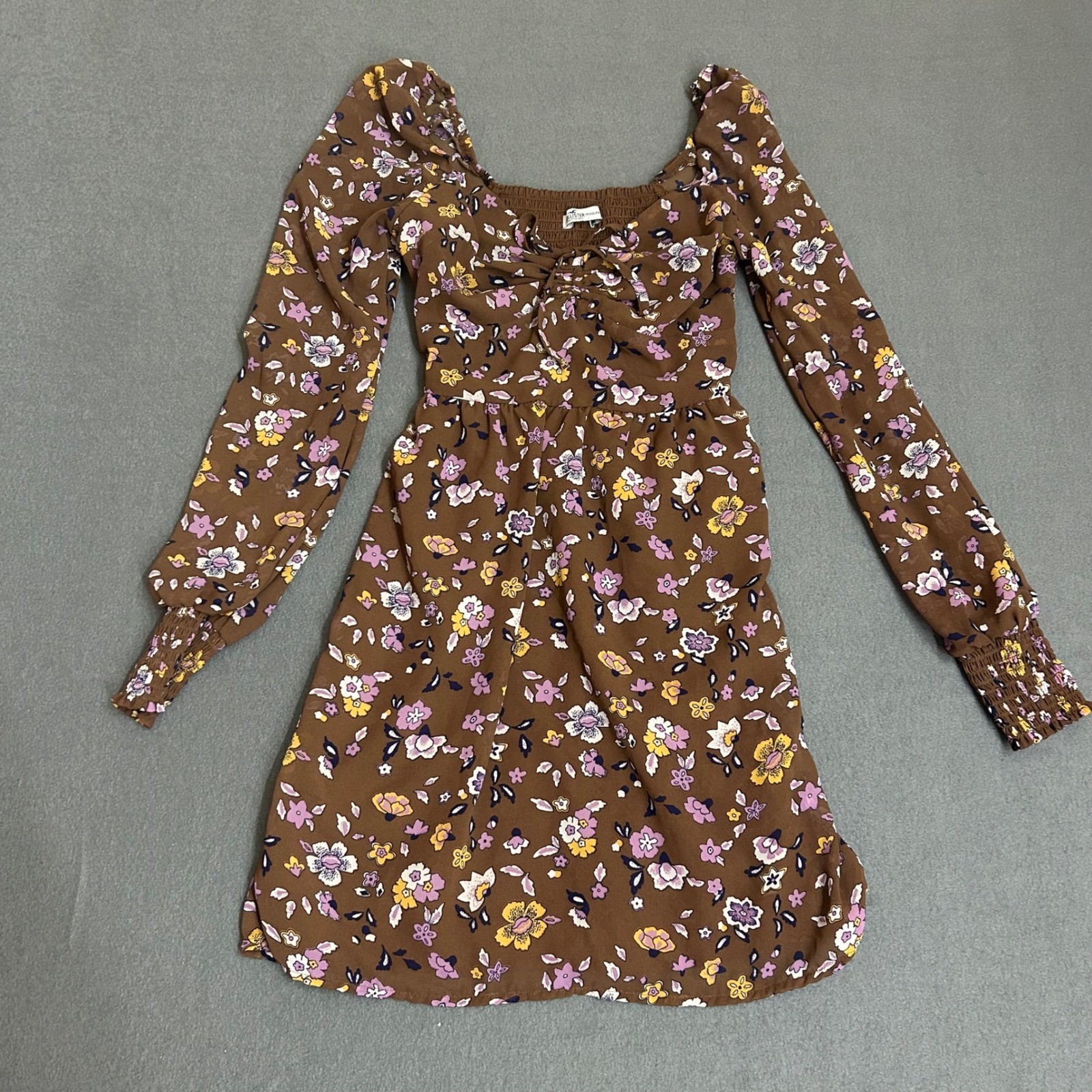Hollister Floral Mini Dress Womens XS Brown Excellent Long Sleeve Smocked Boho