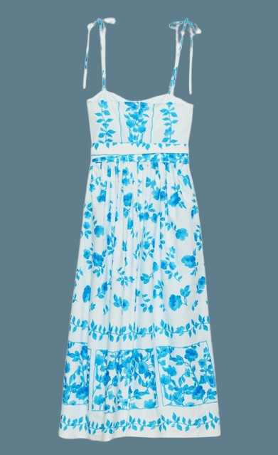 ZARA NEW WOMAN FLORAL POPLIN PRINT MIDI DRESS BELT BLUE/ WHITE sz S 3293/056