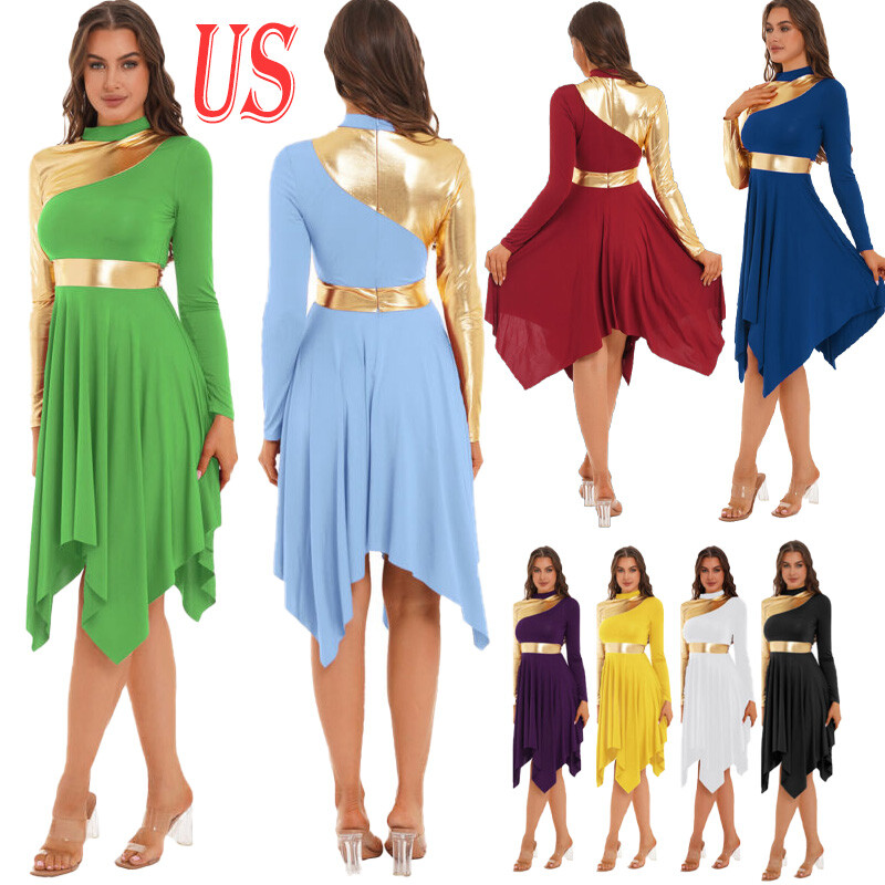 US Women Praise Dance Tunic Irregular Hem Liturgical Worship Lyrical Dance Dress