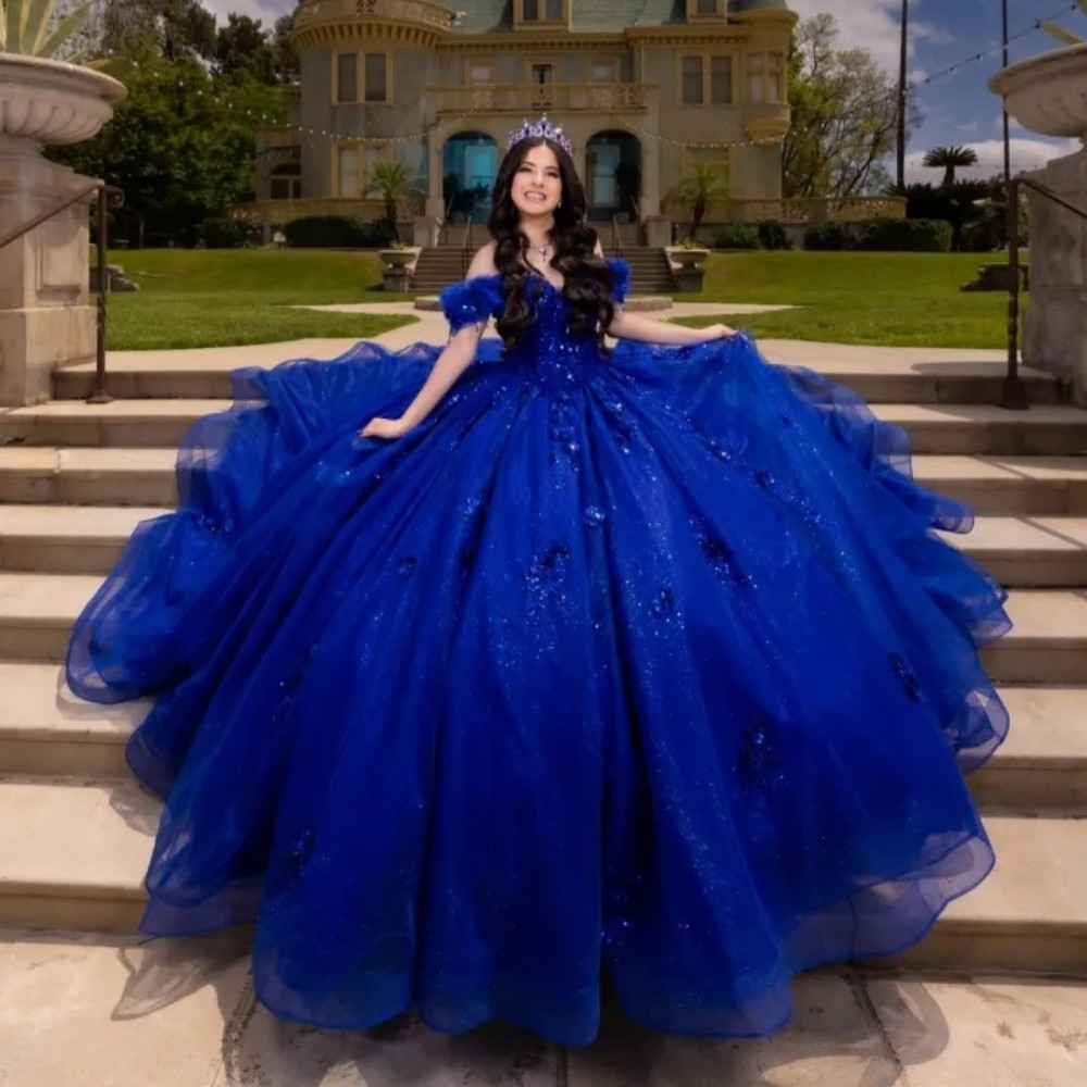 Royal Blue Shiny Quinceanera Prom Ball Gown Beading Lace Corset Sweet 16 Dresses
