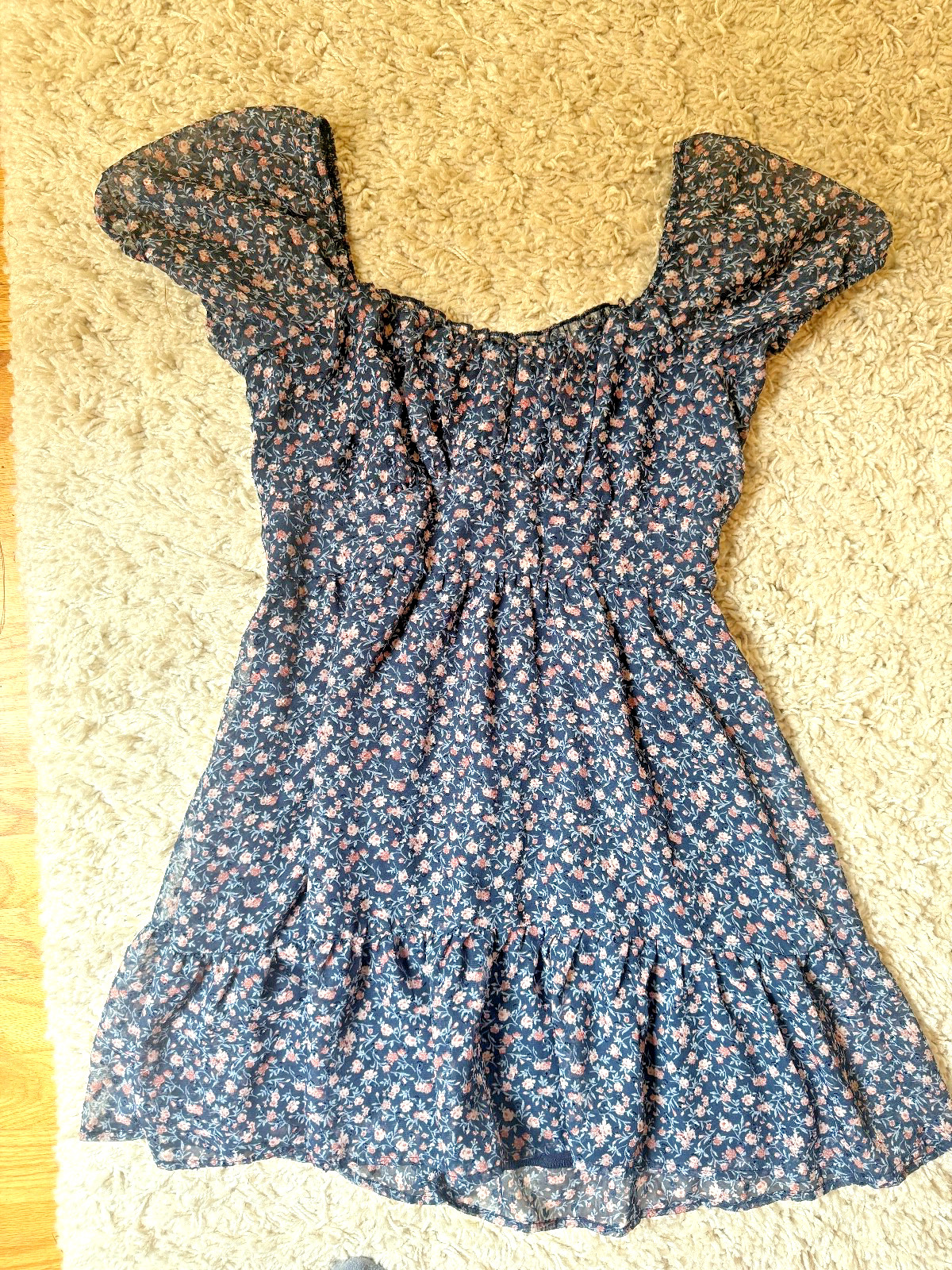 Altar’d State Navy Floral Mini Flowy Sheer Empire WaistDress Boho Cottage chic L