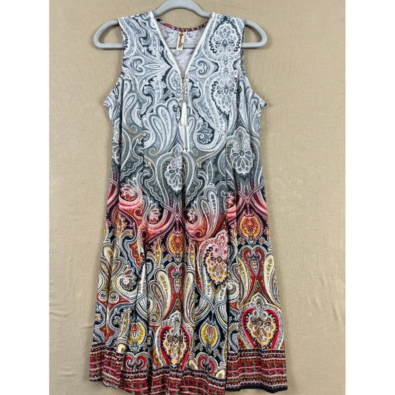Shoreline Boho Paisley Ombre Border Print V-Neck Dress Medium Festival Resort