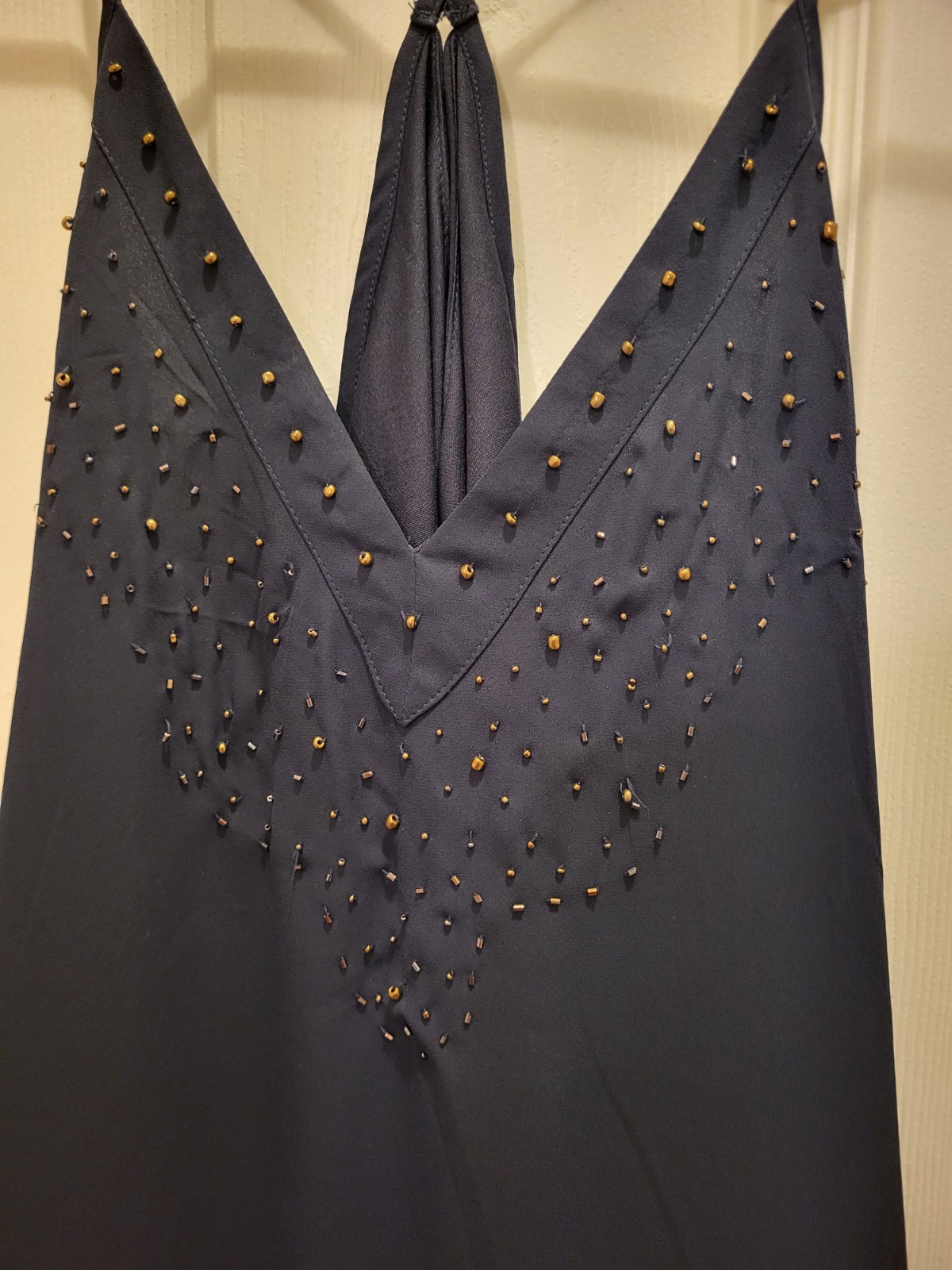 Women’s Navy Size L Slip Dress, Beaded V-Neck Sleeveless Backless Short