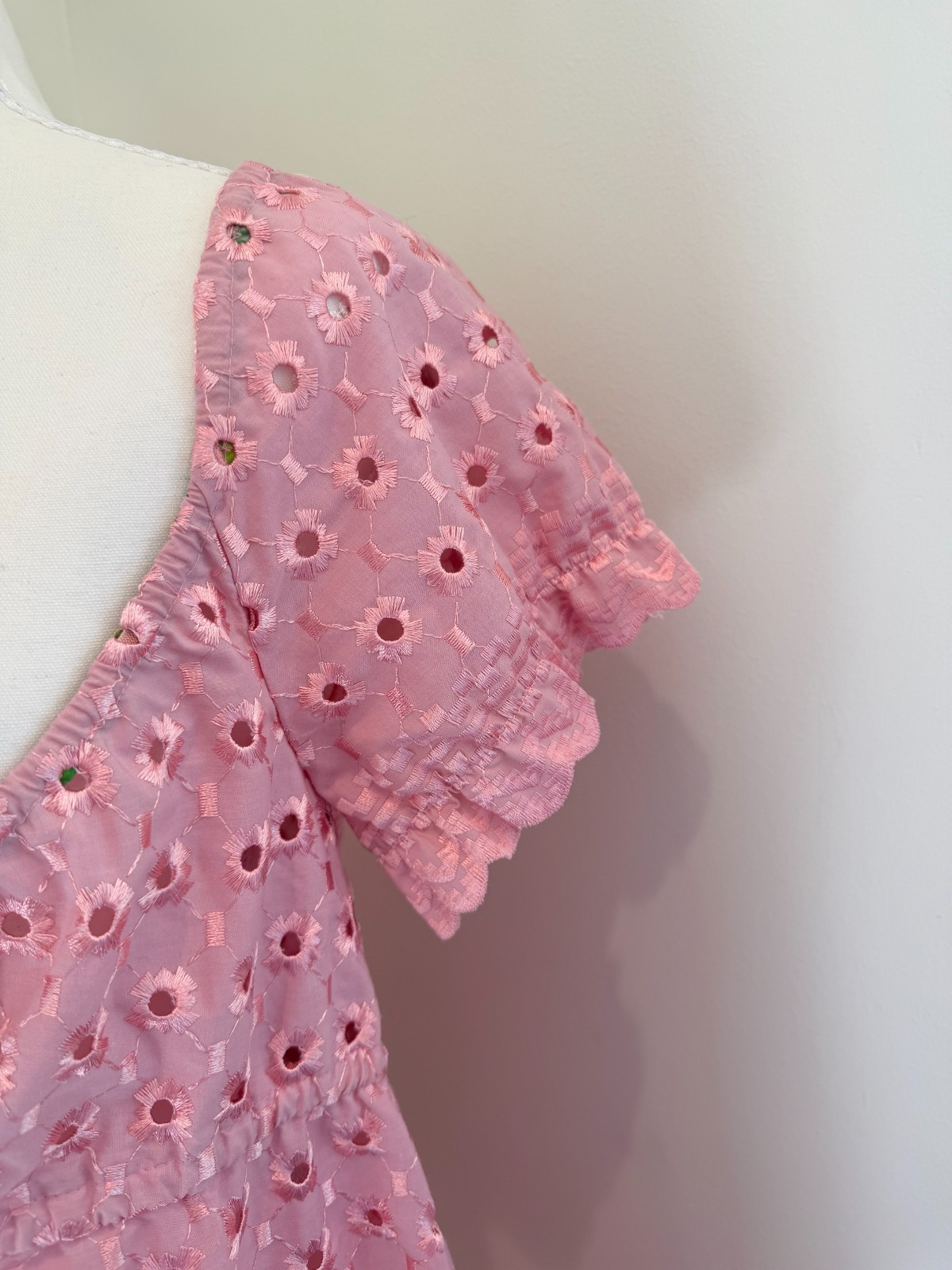 Le Shack Tracy Feith Pink Cotton Eyelet Lace Milkmaid Mini Dress Boho Coquette 2