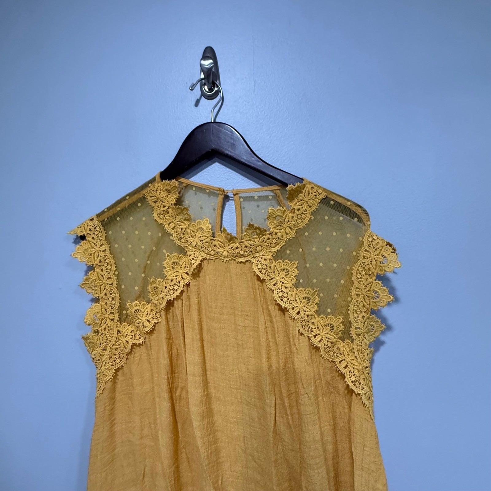 Andree by UNIT Mustard Yellow Lace Yoke Tunic shirt top Women boho feminine