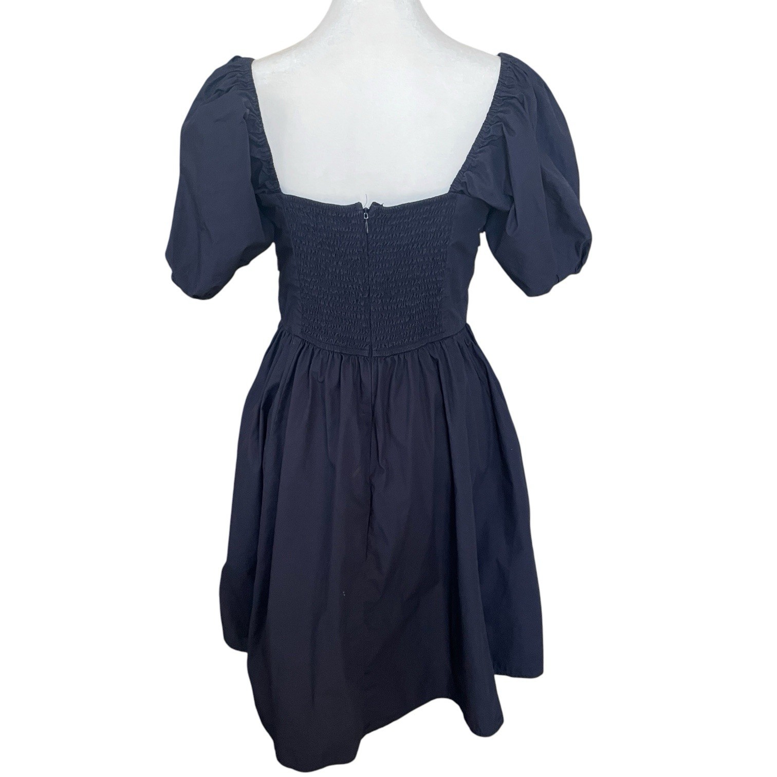 Quince 100% Organic Cotton Ruched Mini Dress Size M Navy Pockets Milkmaid Preppy