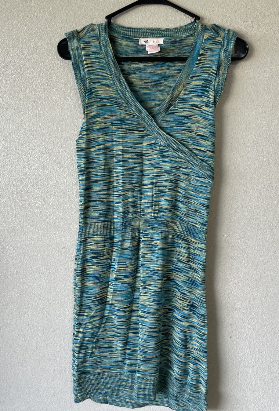 Tulle Small Dress Sleeveless Faux Wrap V Neck Green