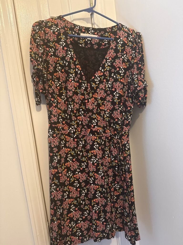 LOFT Black Floral Print Wrap Dress