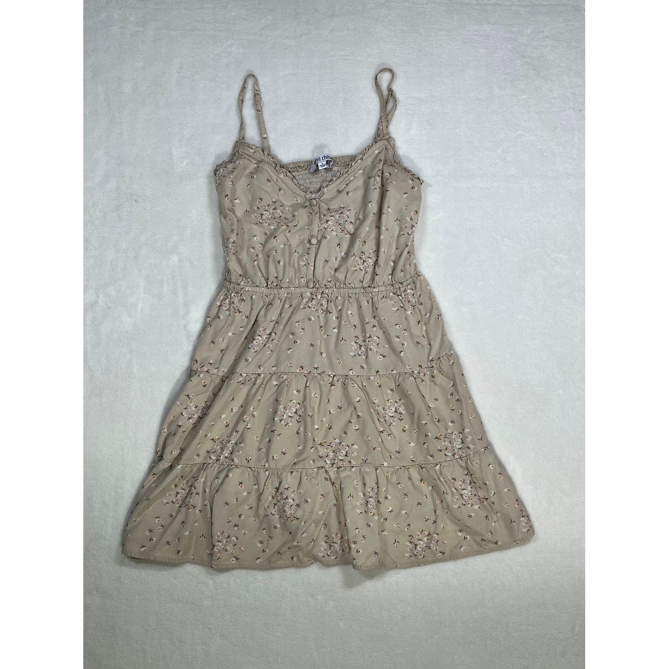 Mimi Chica Floral Tiered Mini Dress Tan Pink Boho Smocked Sun Dress Large