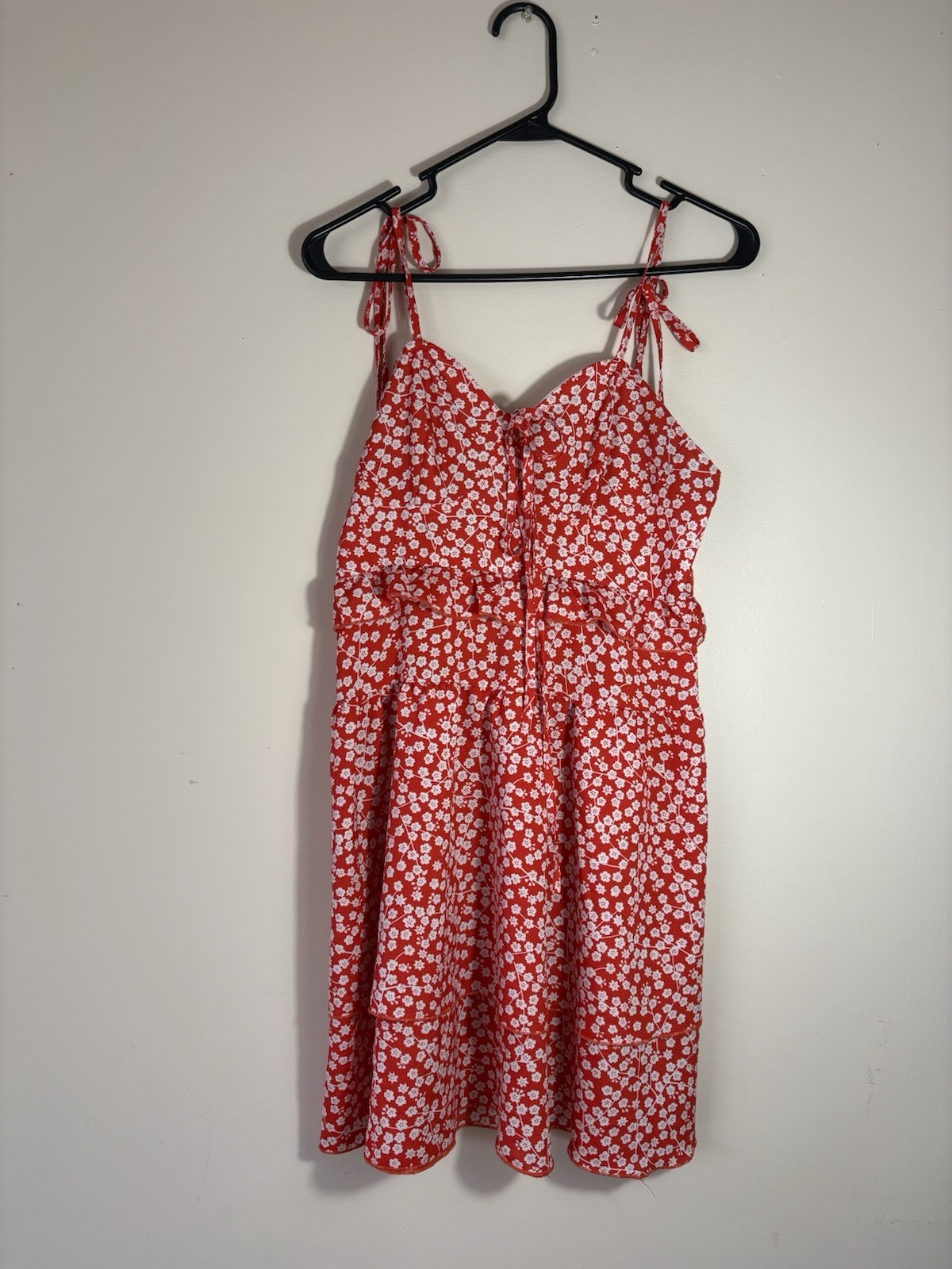 Simplee Women’s (sz M )Red White Floral A-Line Sundress Sweetheart Tie Ruffle Zi