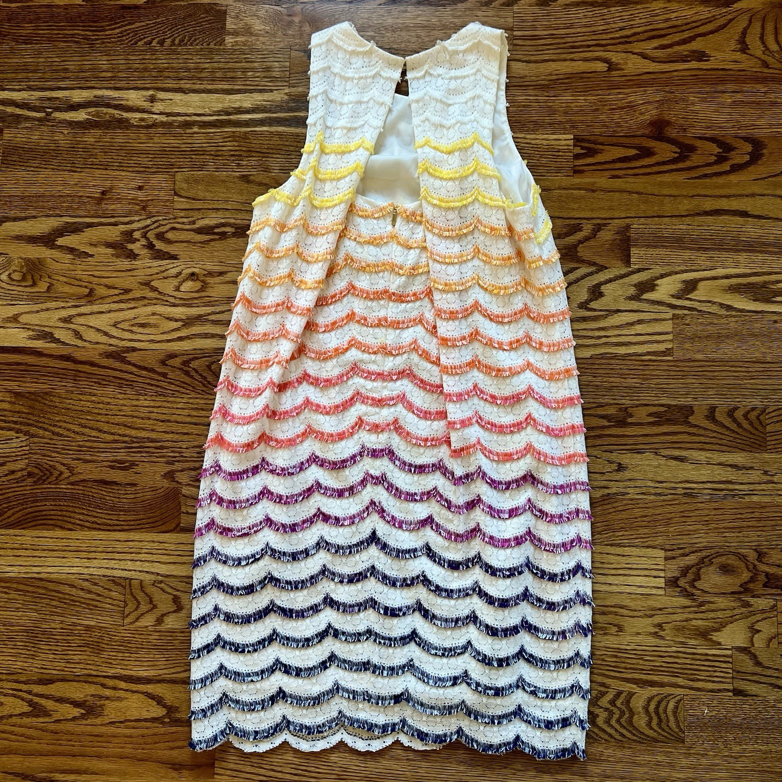 NWOT Trina Turk Rainbow Scallop Fringe Stripes On White Lace Shift Dress Size 4