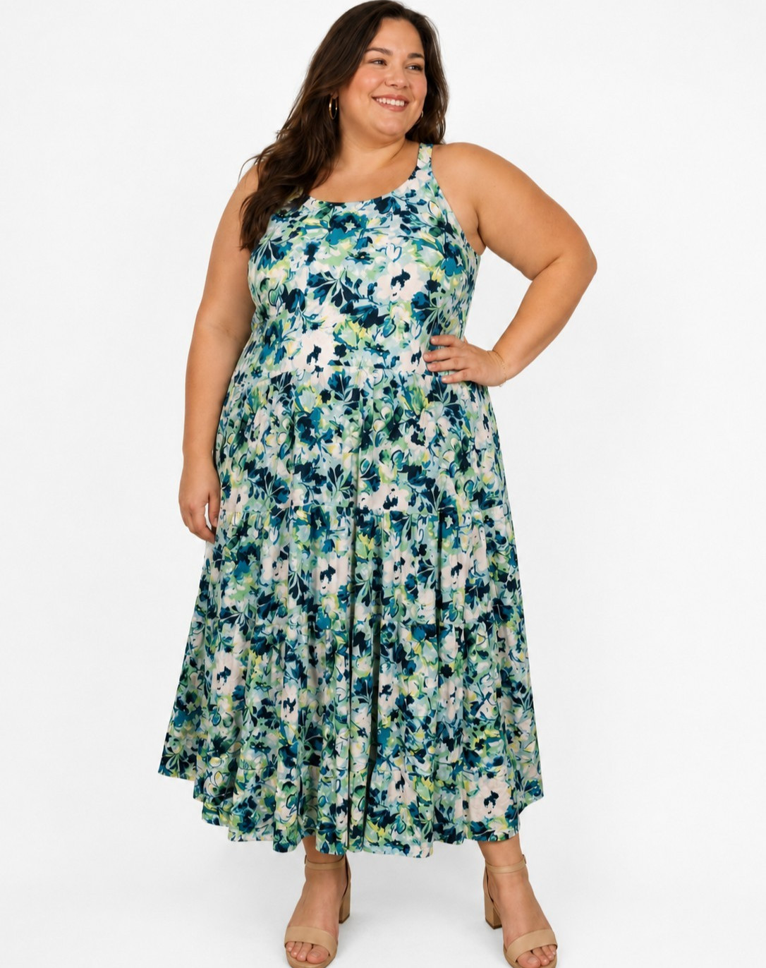 Torrid Maxi Wash Gauze Tiered Dress Womens 2 Green Watercolor Floral Tie Halter