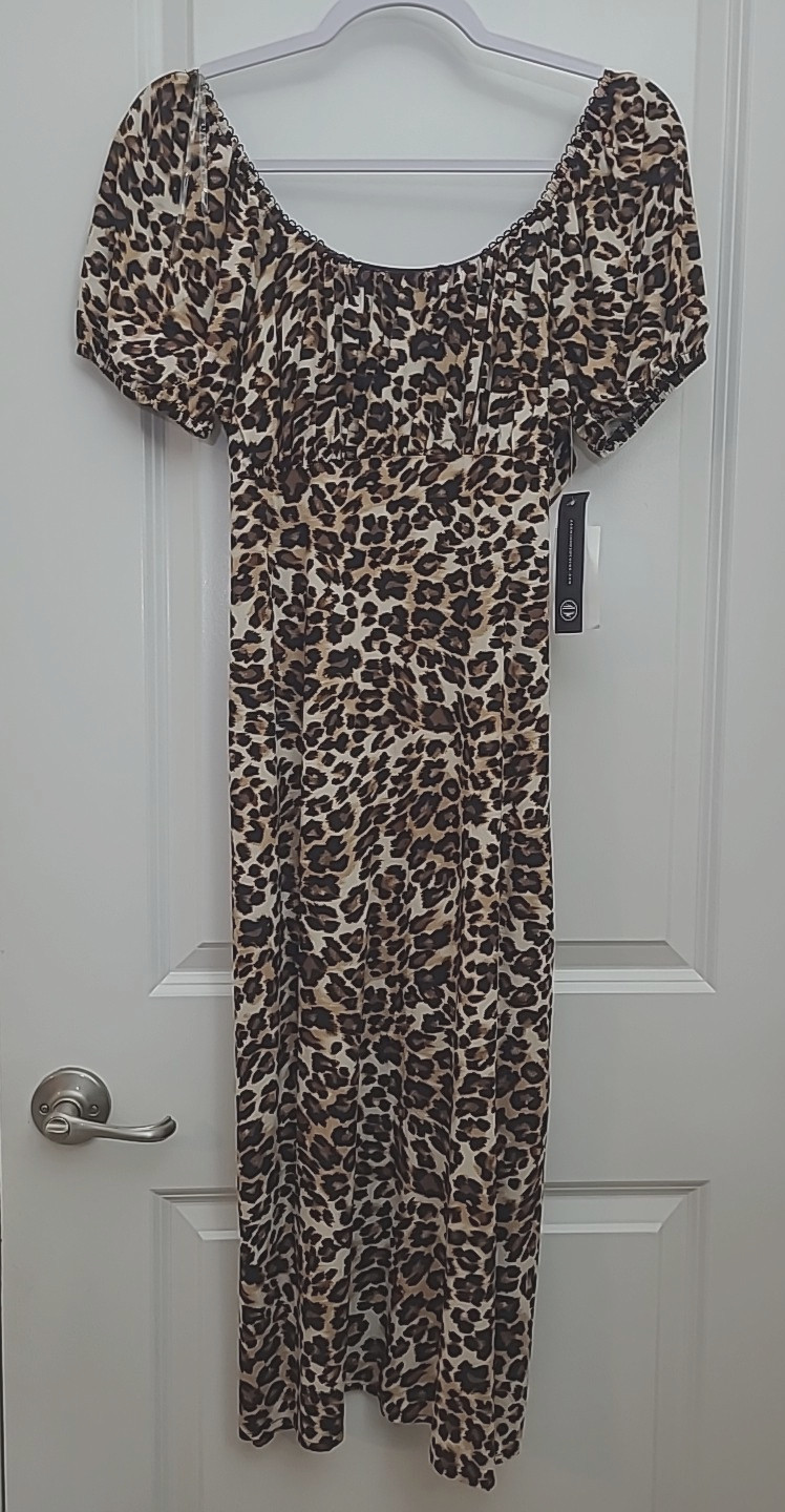 As U Wish Midi Dress Women’s Sz M Animal Print Short Sleeve Back Tie See Photos