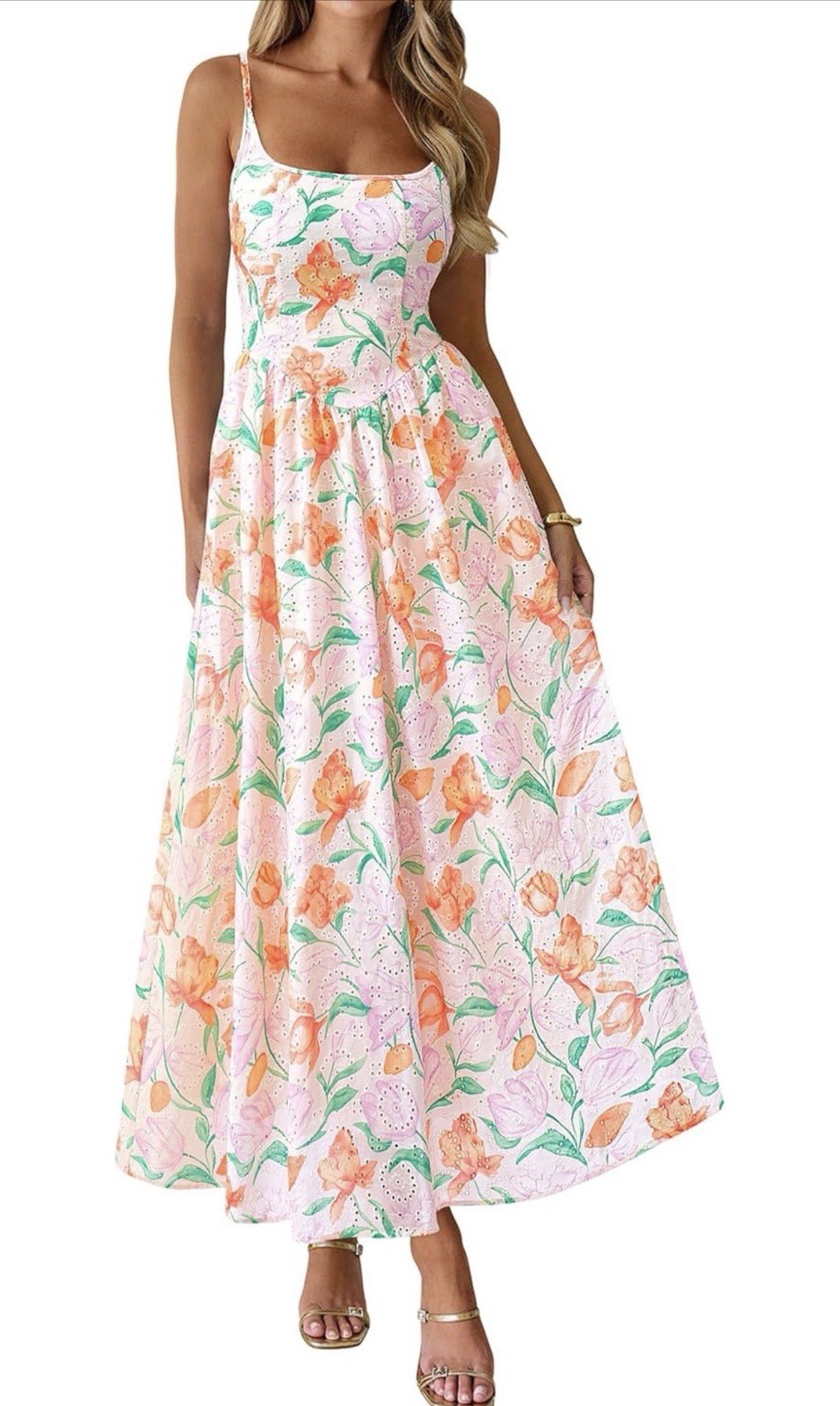 BRAND NEW Floral Pink & Orange Eyelet Maxi Sundress, Adjustable Straps & Pockets