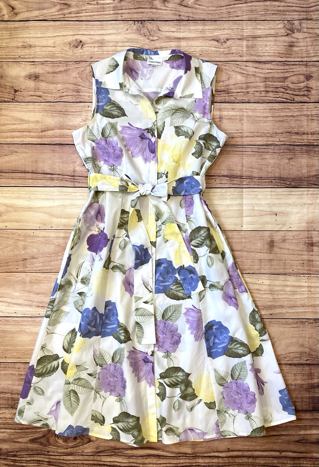 Calvin Klein Size 12 Multi Floral Button Front A-Line Shirt Midi Dress Belted