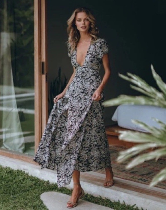 NWT Pampelone Valentina high slit medium floral maxi dress black cream chic