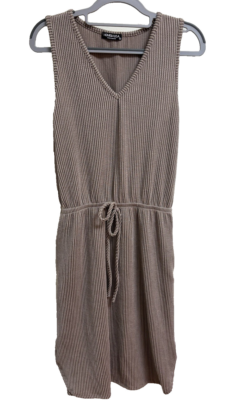 Heimish USA Ribbed Knit Mini Dress Mauve Pink V Neck Drawstring S