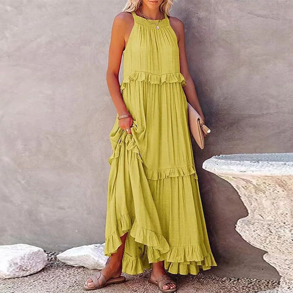 Womens Ruffle Loose Dress Summer Beach Holiday Casual Camisole Maxi Long Dress