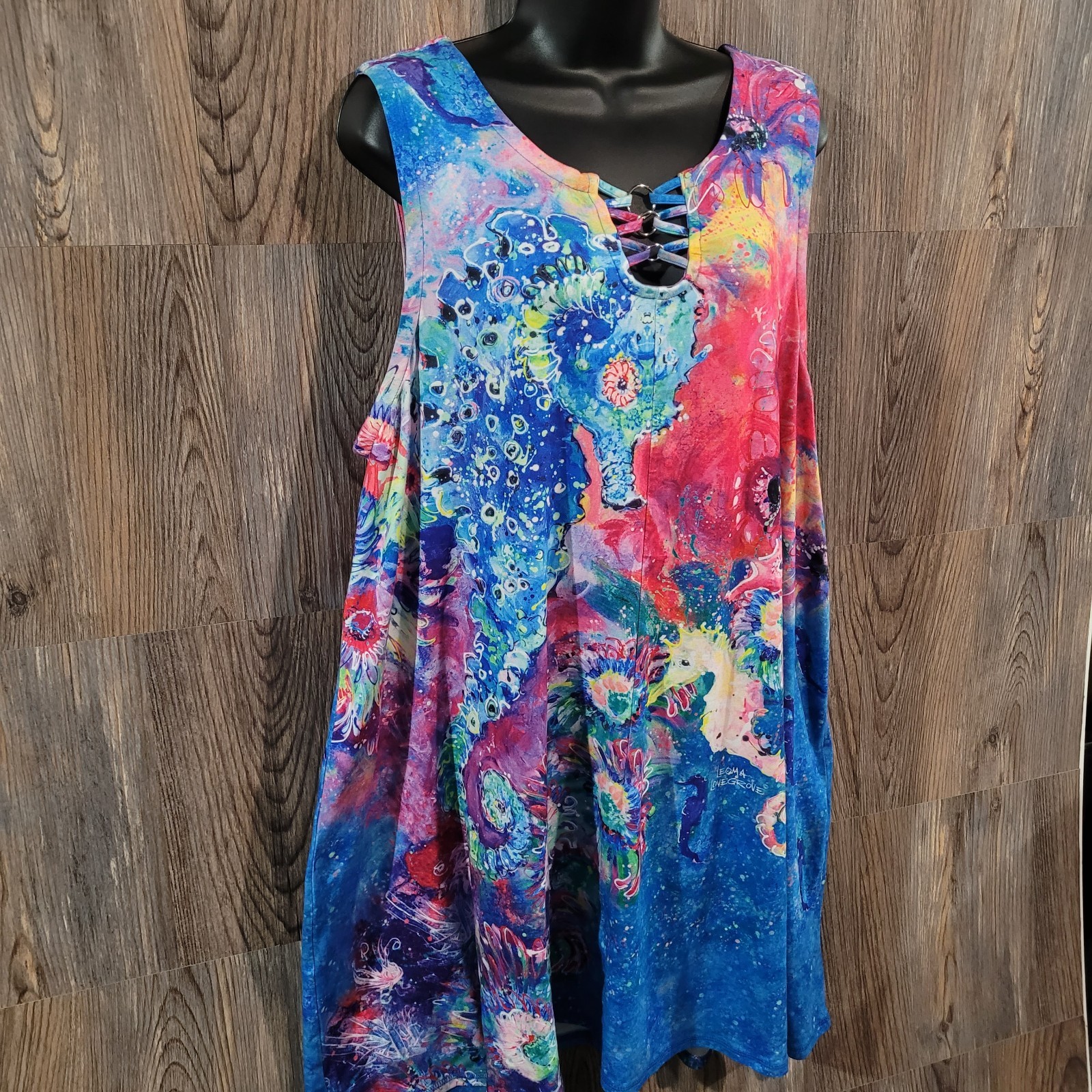 Leoma Lovegrove Tropical A-Line Dress XL Colorful Seahorse Sea Urchin Resort Art