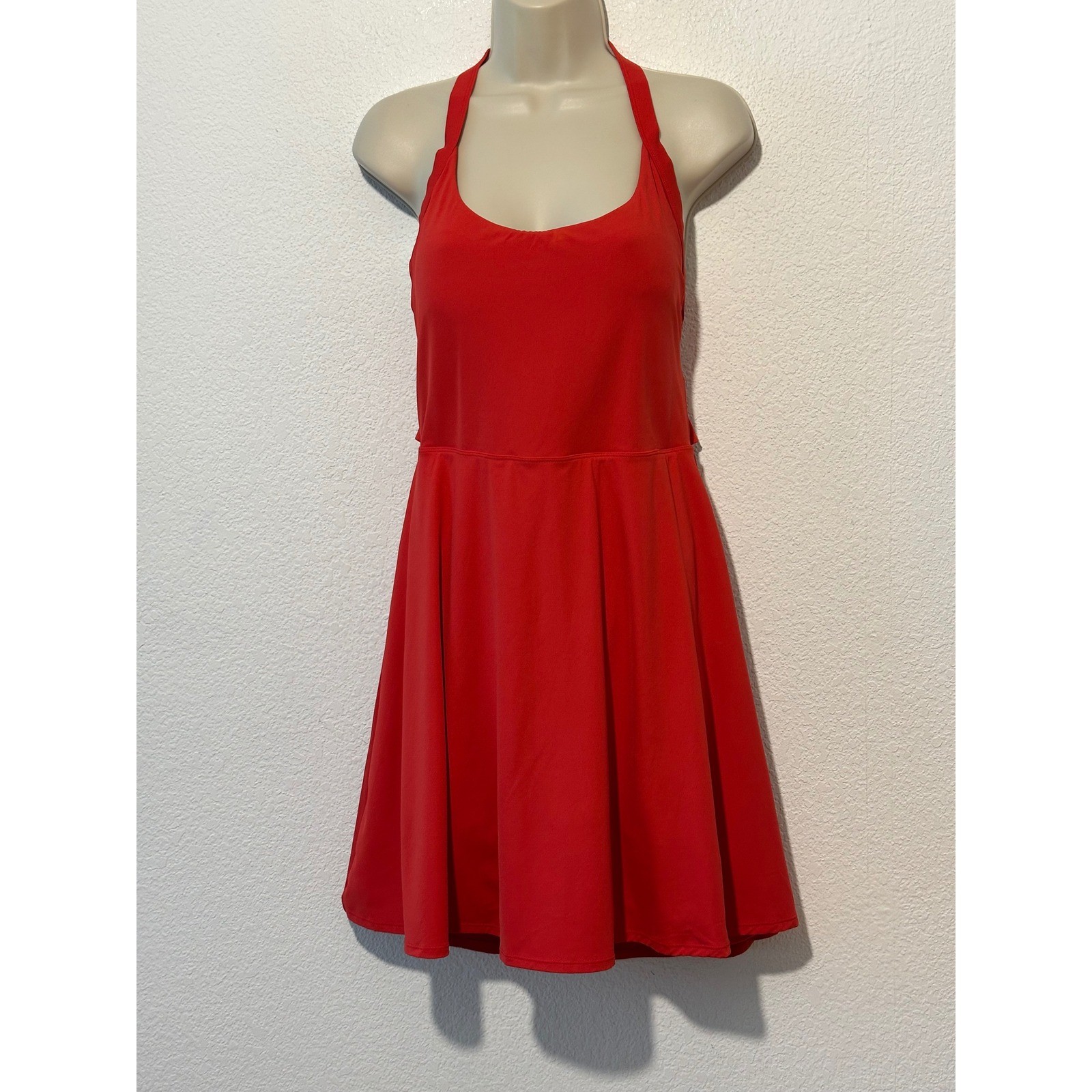 Womens Red Halter Activewear Dress Built-in Shorts Pocket Open Back Mini M/L