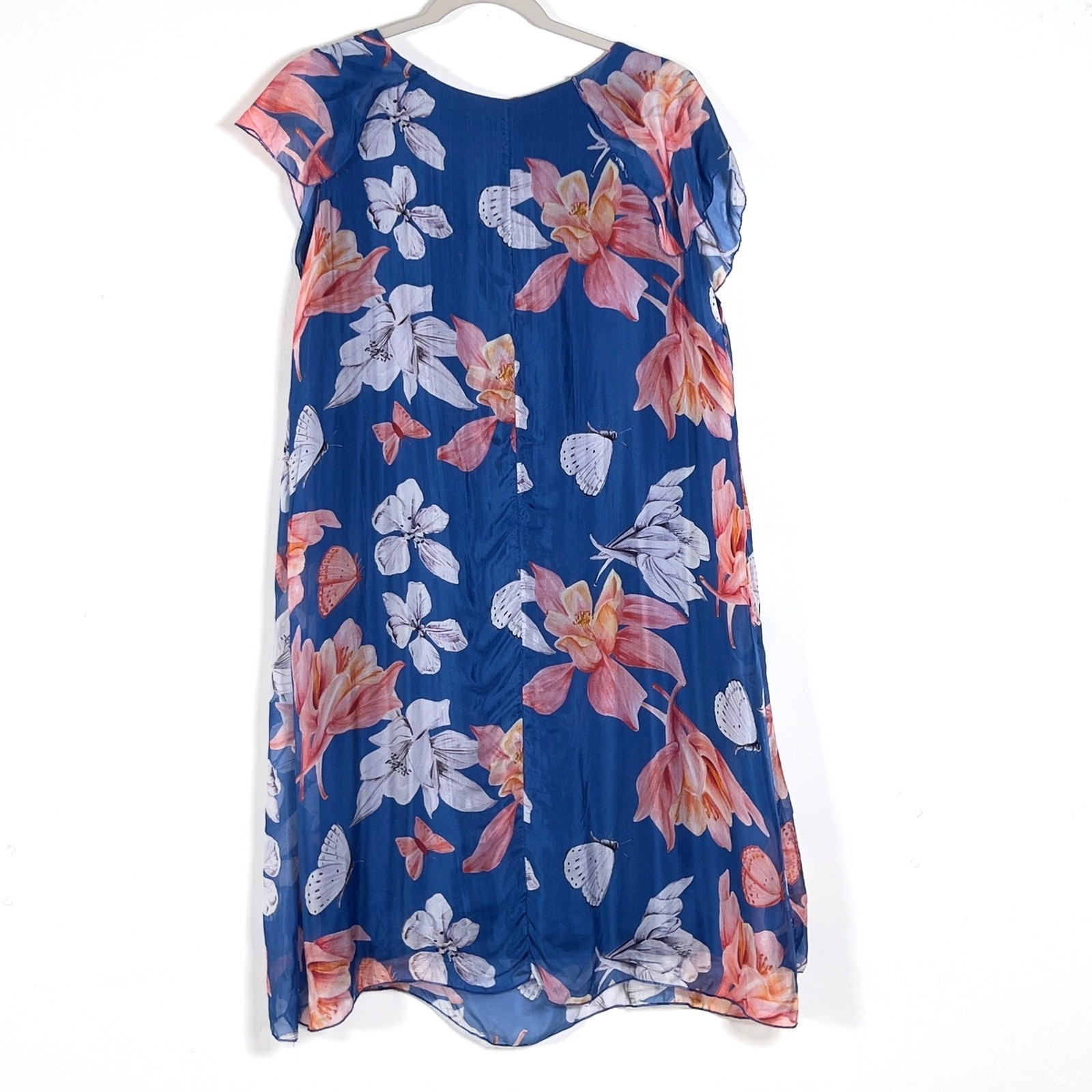Made in Italy Silk Blend Sleeveless Dress Womens Sz L Blue Floral Ruffle